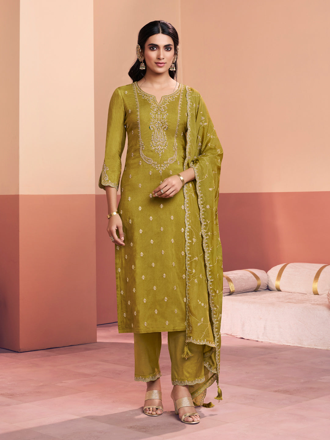 Olive embroidered straight kurta set with trousers and dupatta, the basis for five different styling looks
