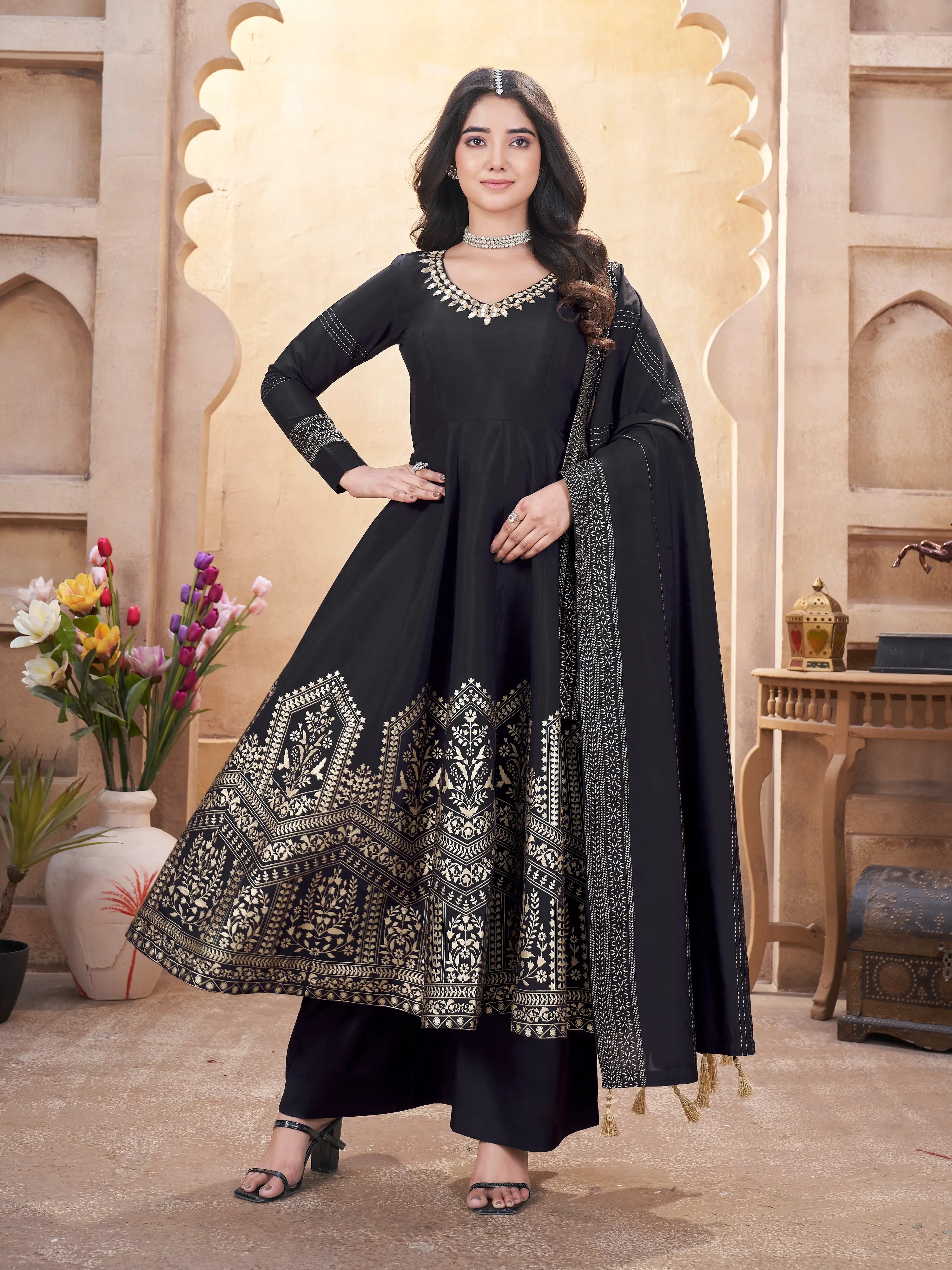 Black Roman silk salwar suit with mirror work and foil print