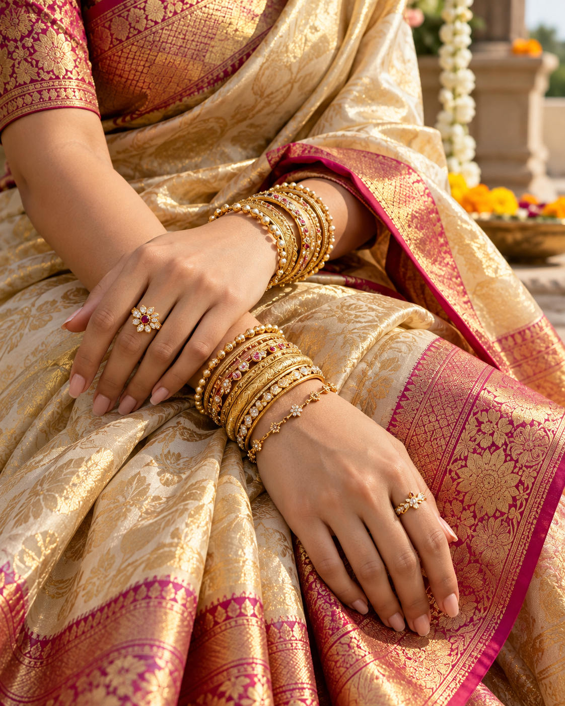 Traditional gold bangles and bracelets with an ivory and magenta silk saree