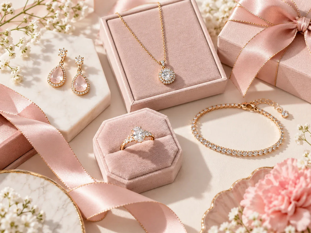 Pastel jewellery gifting flat lay featuring earrings, necklace, ring and bracelet