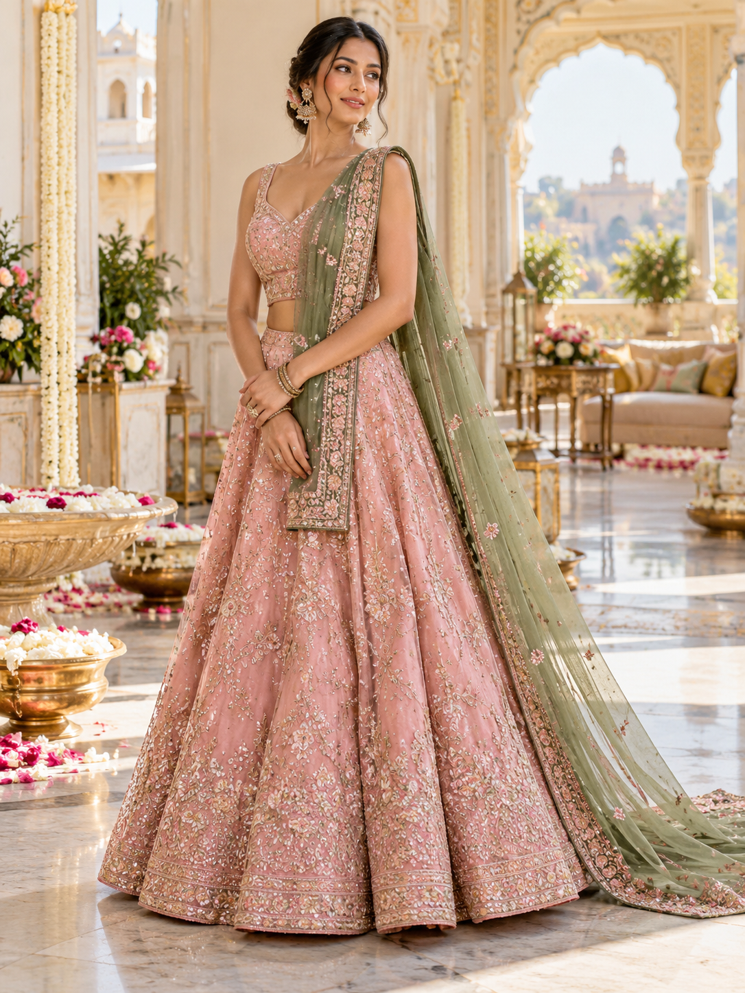 Blush pink lehenga with one-shoulder dupatta draping style