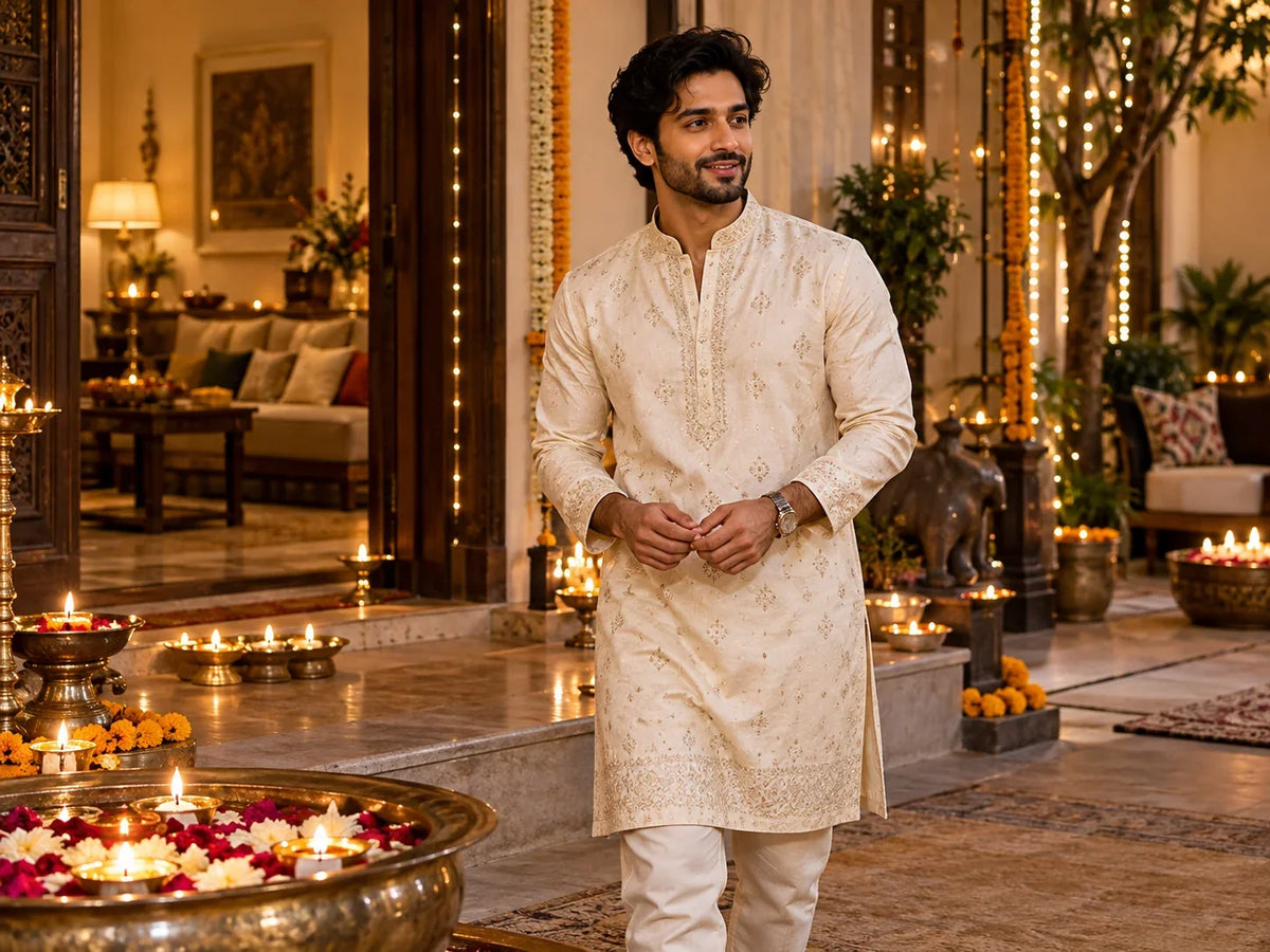 Men's Diwali outfits 2026 featuring an ivory embroidered kurta set
