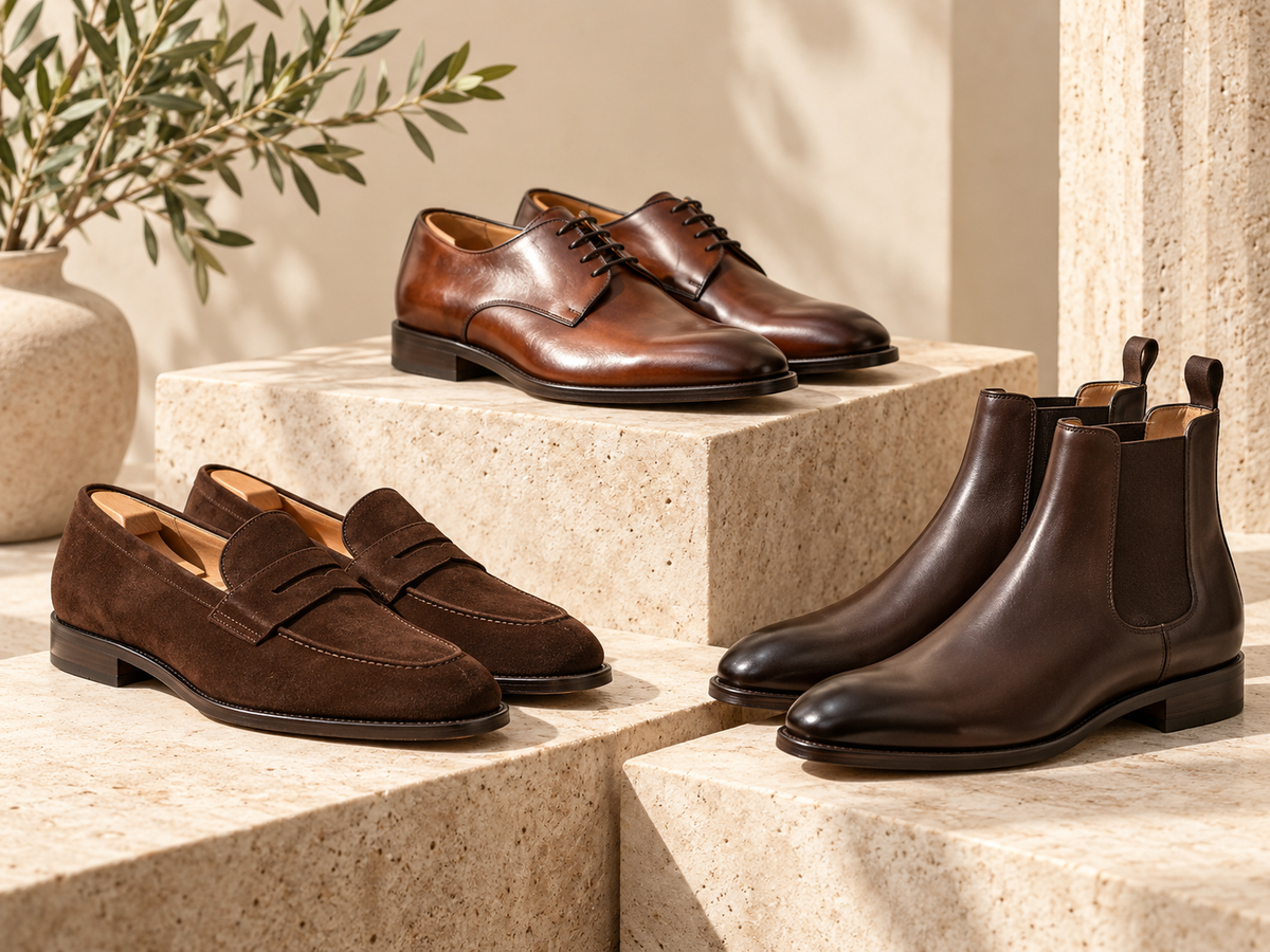 Three men's shoe styles: brown suede loafers, leather Derby shoes and Chelsea boots