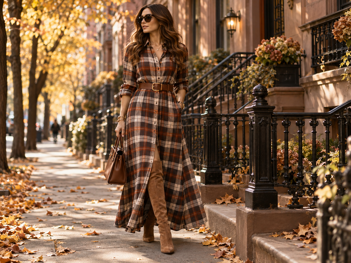 Modern plaid maxi shirt dress styled on an autumn city street for Fall 2026