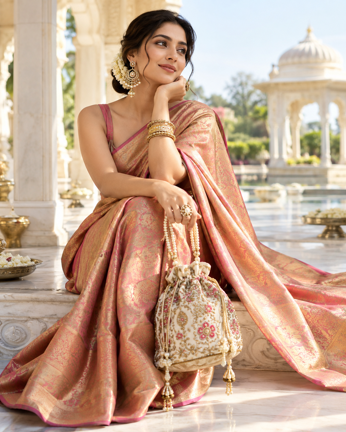 Embroidered ivory potli bag styled with a peach pink silk saree for Diwali and weddings