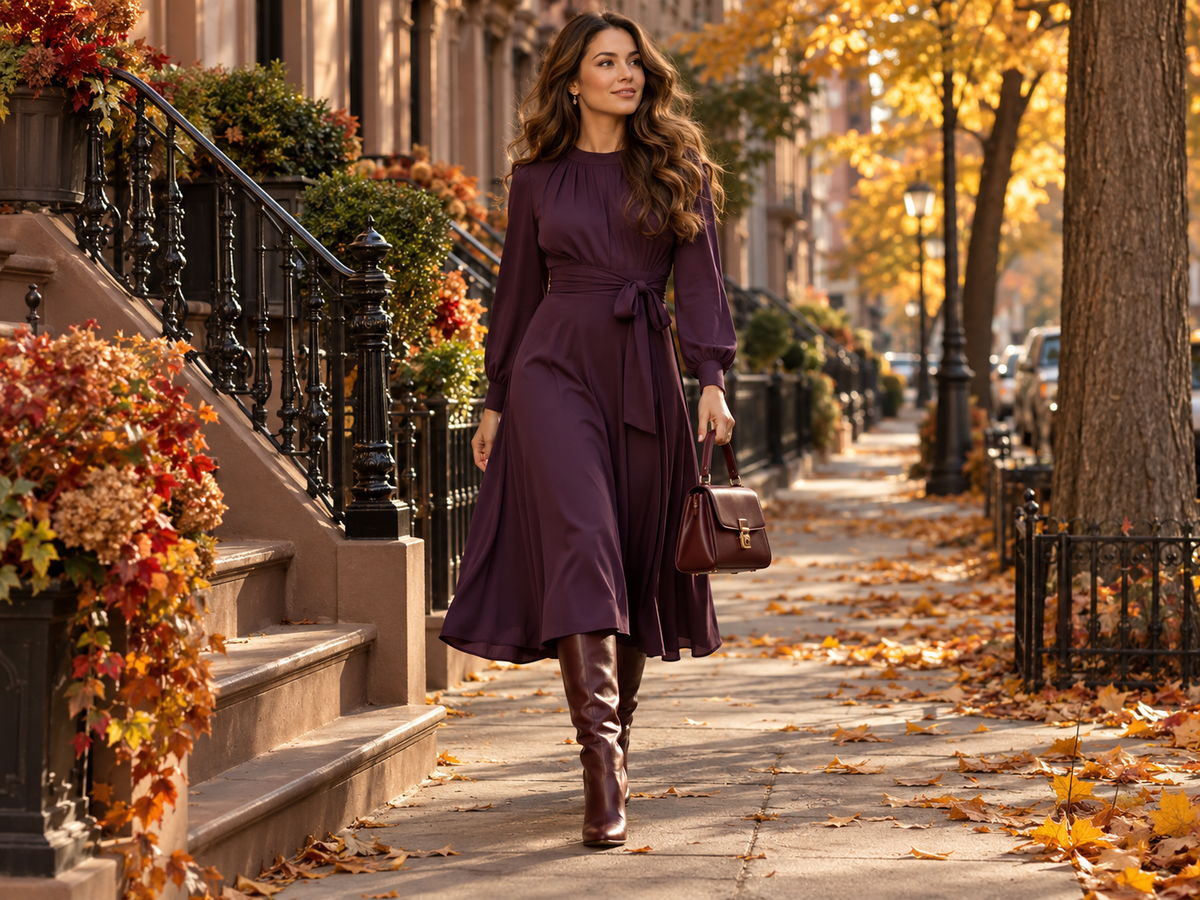 Purple midi dress styled for fall 2026 on an autumn city street