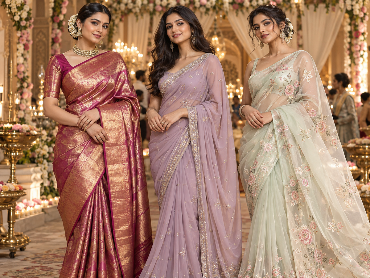 Silk, georgette and organza sarees styled for an Indian wedding
