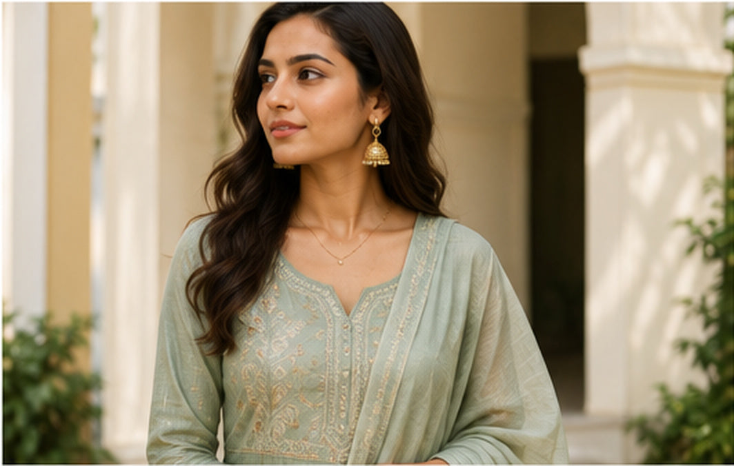 Fabric guide hero featuring a woman in a lightweight embroidered outfit