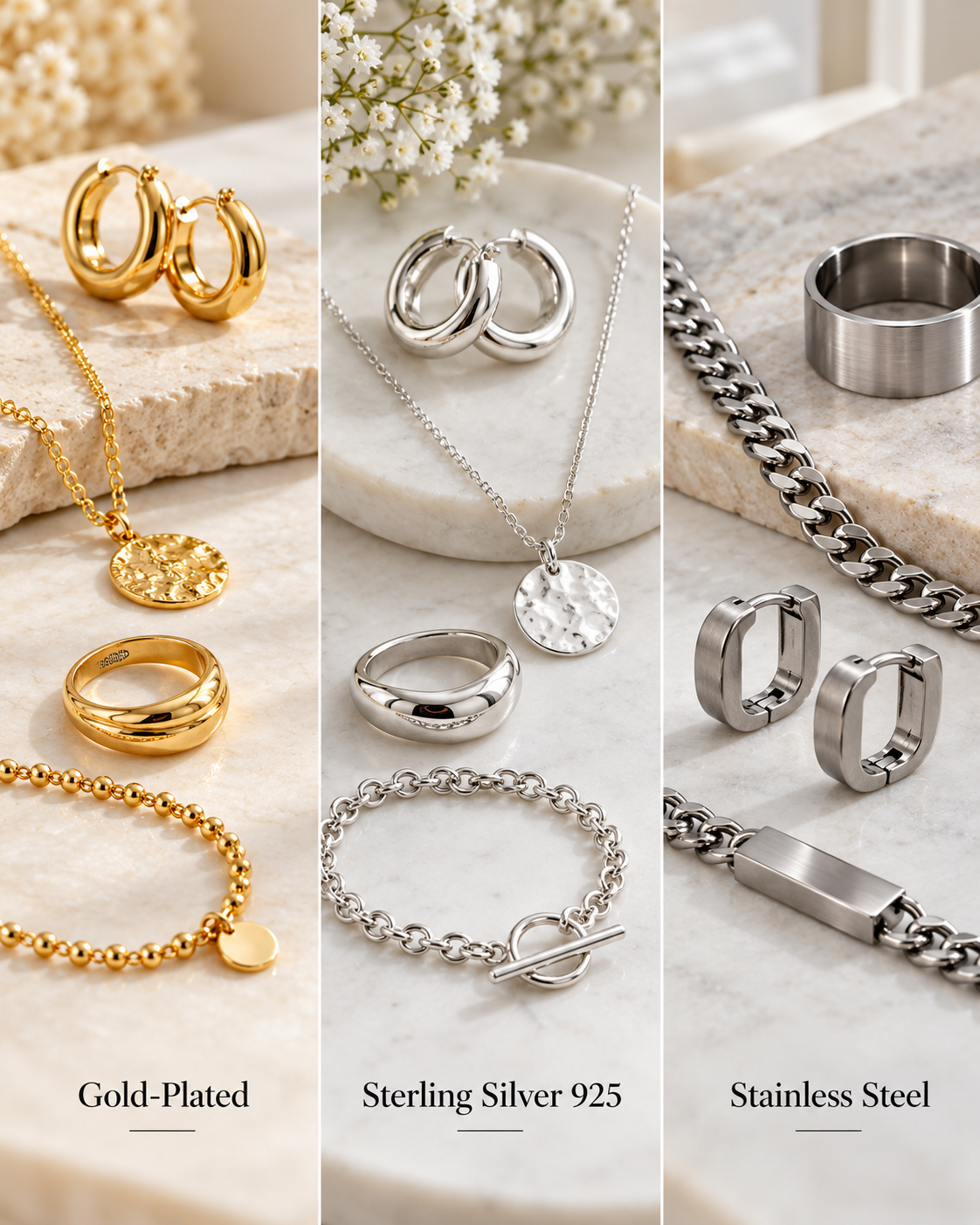 Comparison of gold-plated, sterling silver 925 and stainless steel jewellery