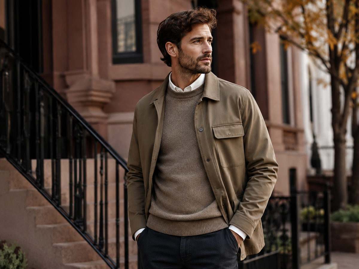 Man wearing a taupe sweater with a lightweight overshirt for early fall layering