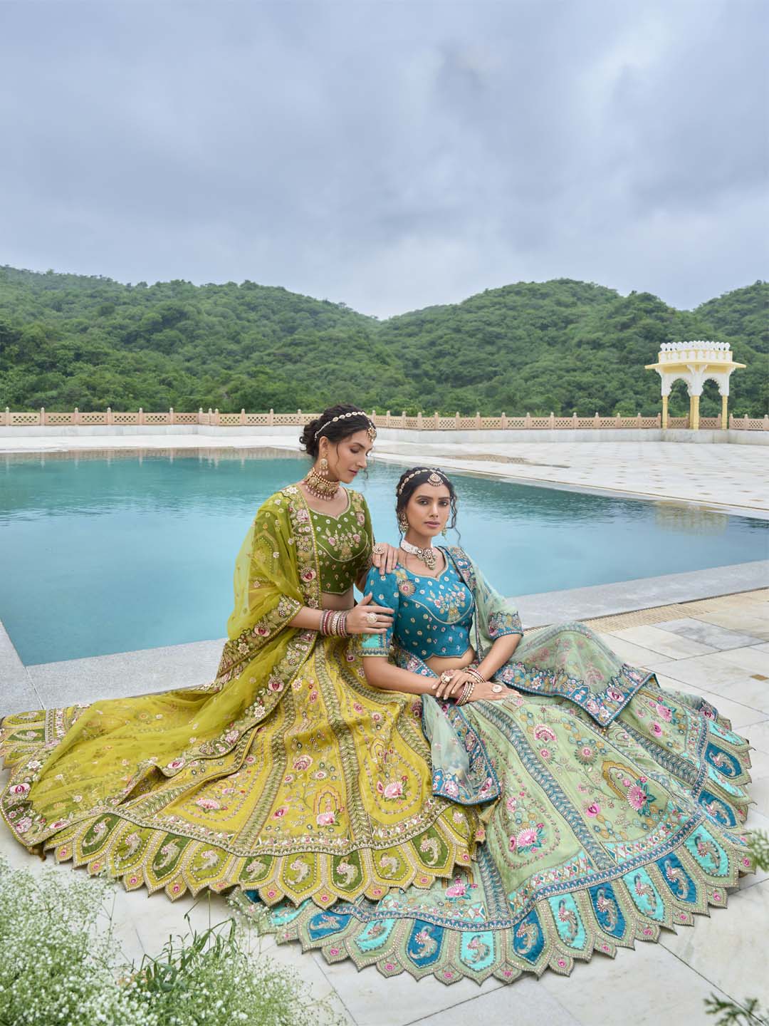 Pista-Teal Shaded Heavy Designer Embroidered Patchwork Silk Semi Stitched Lehenga Choli - qivii