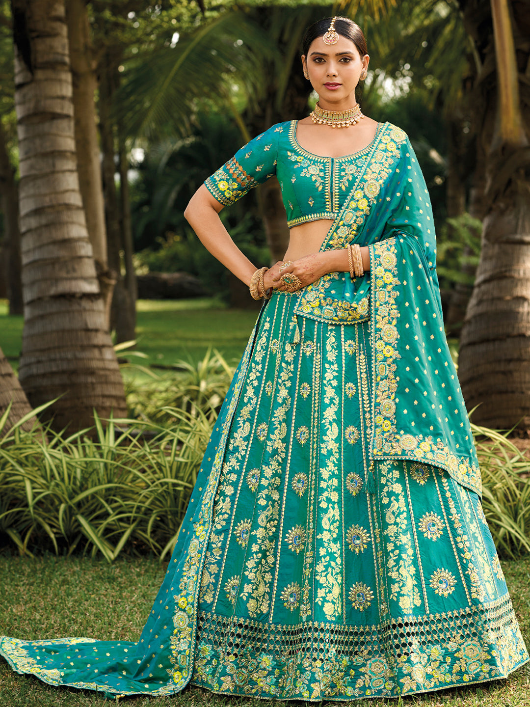 Teal Banarasi Silk Heavy Embroidered Cut Work Semi Stitched Lehenga Choli - qivii