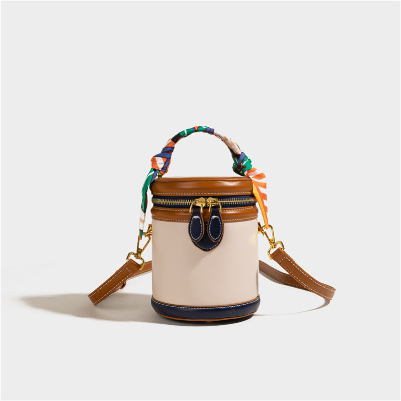 Women's Retro Color-Block Barrel Bag – Mini Cylinder Cosmetic Case with Detachable Silk Scarf & Chain Strap