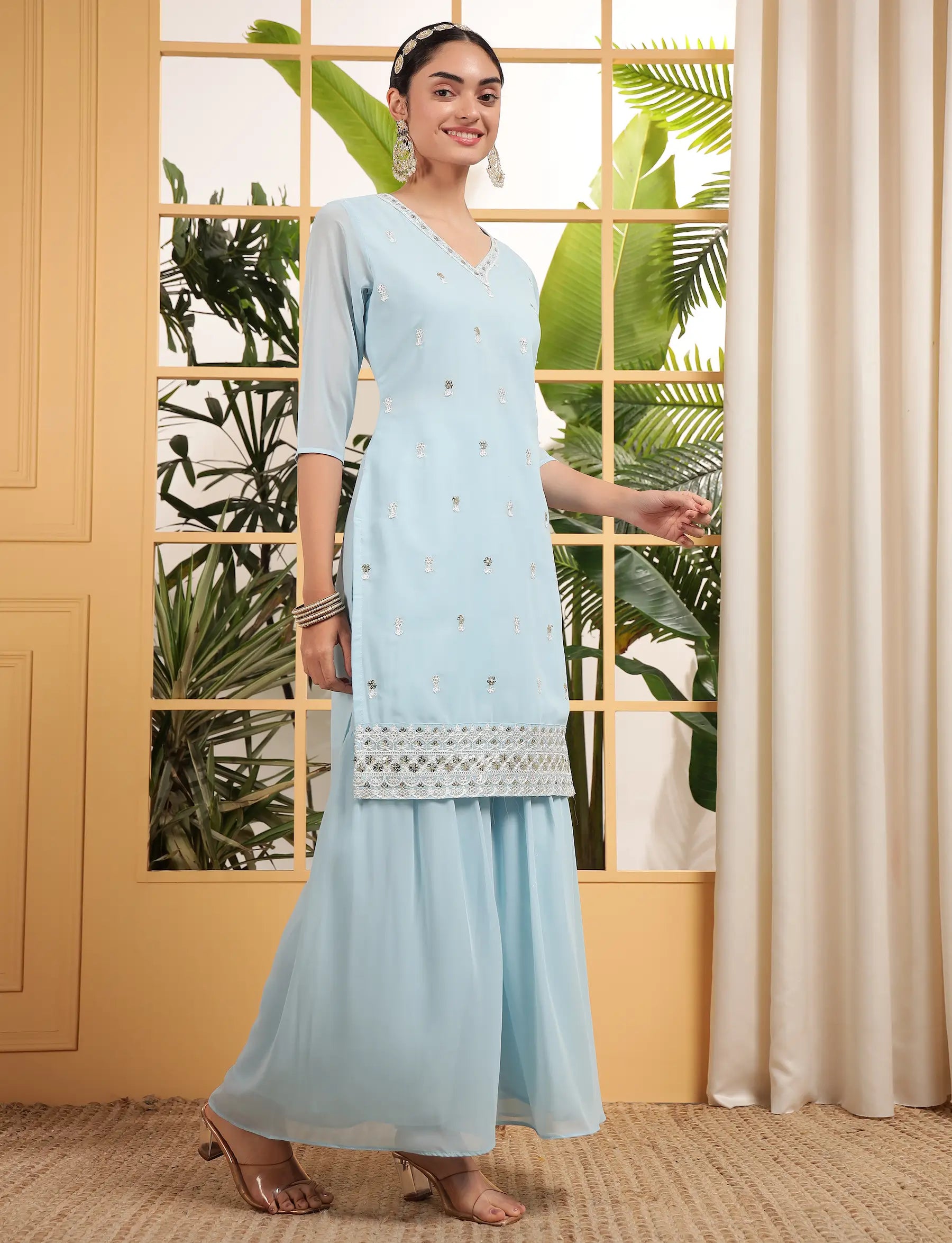 Sky Blue Georgette Salwar Suit With Sequence Embroidery Work - qivii