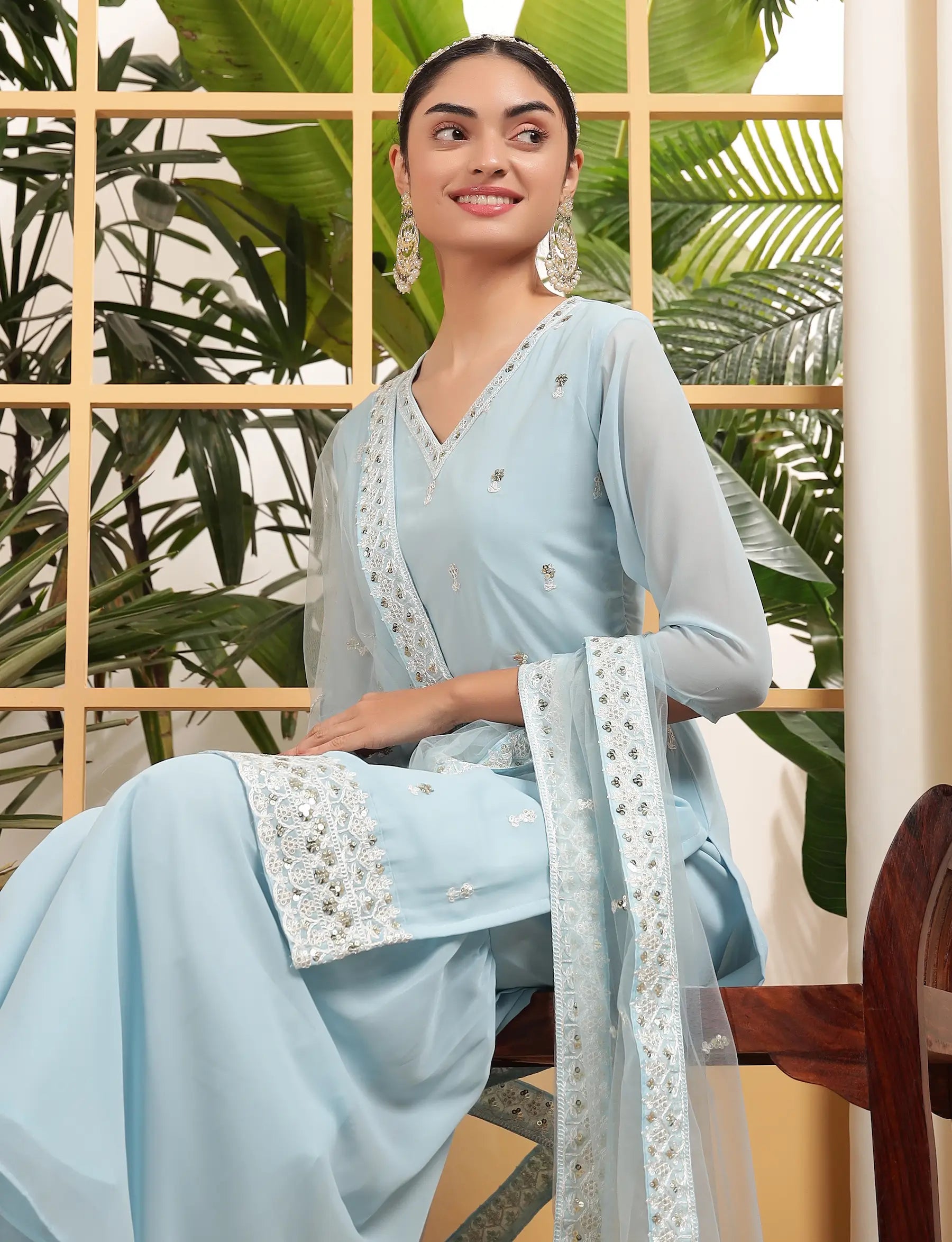 Sky Blue Georgette Salwar Suit With Sequence Embroidery Work