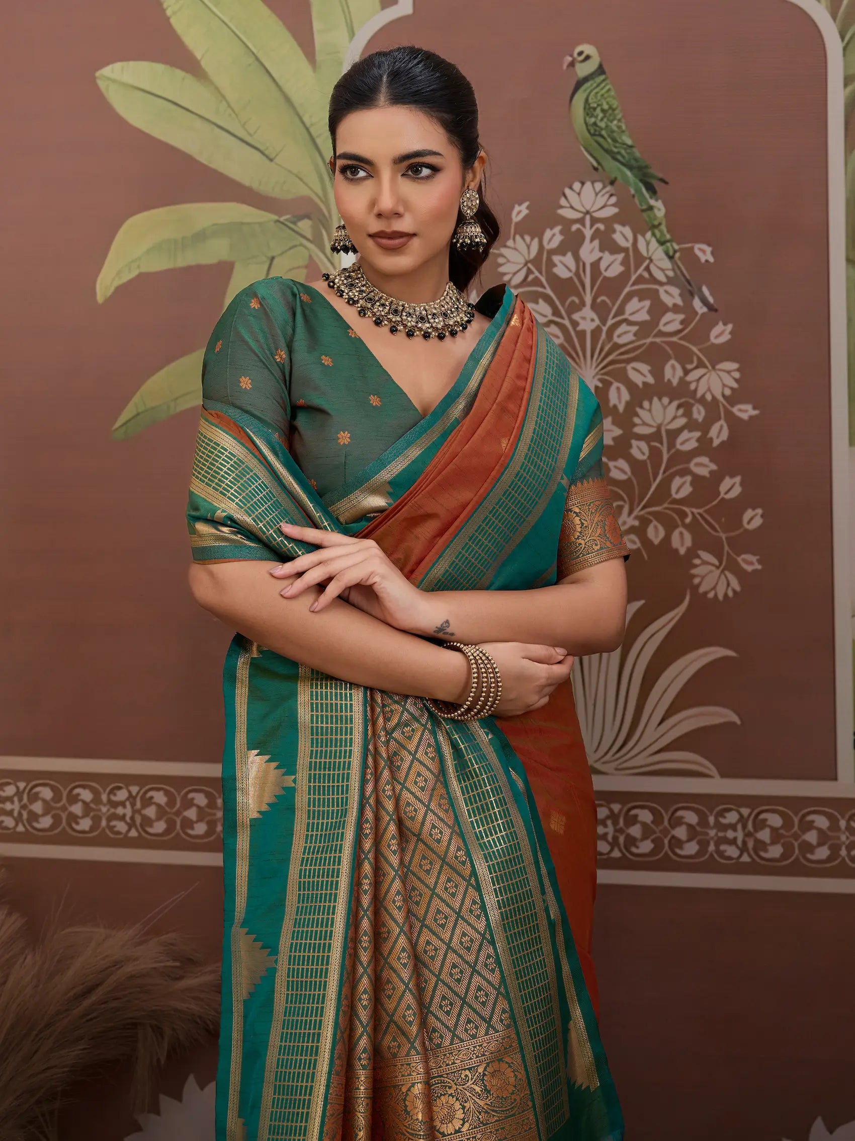 Rust Orange Tussar Silk Handloom Weaving Saree
