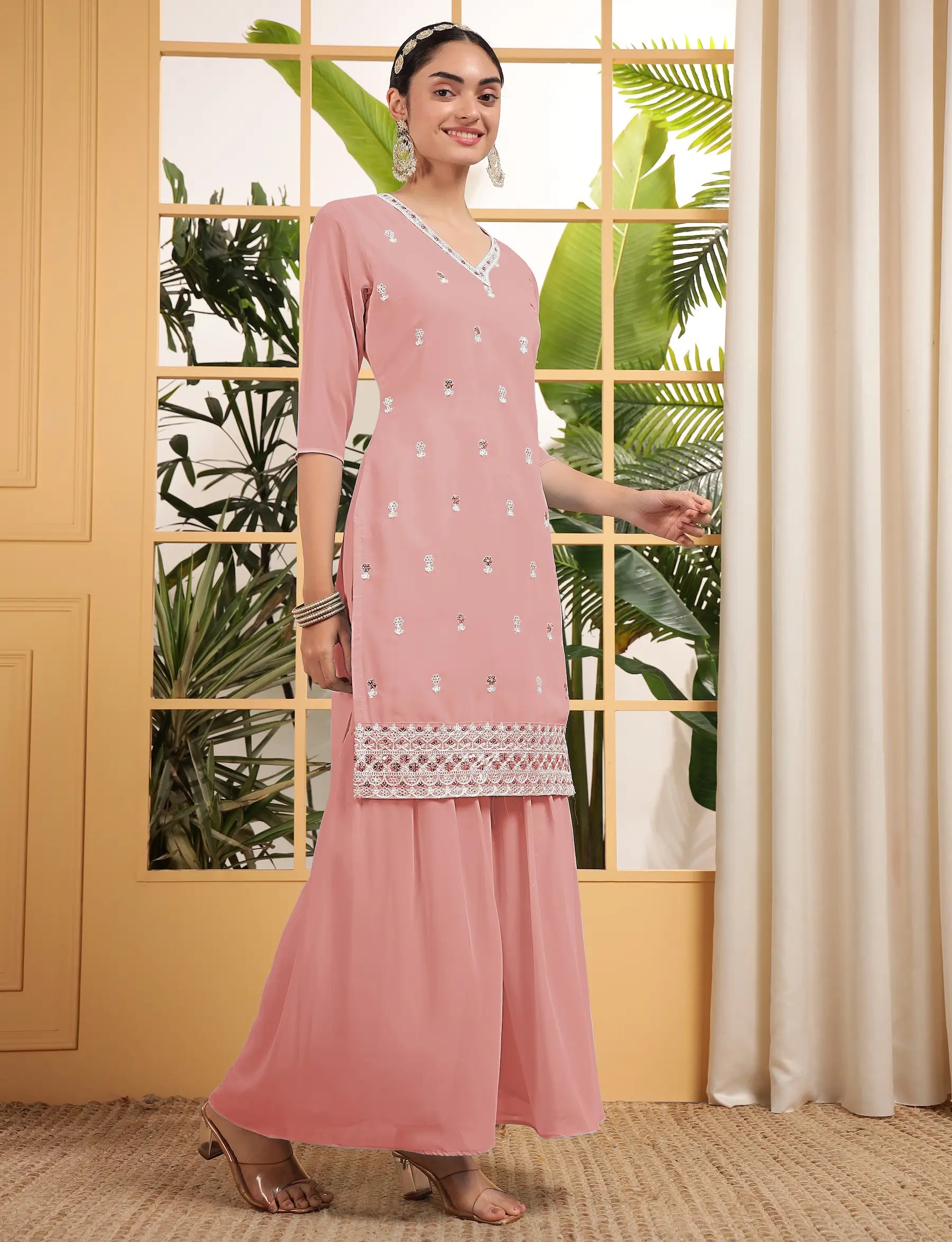 Peach Georgette Salwar Suit With Sequence Embroidery Work - qivii