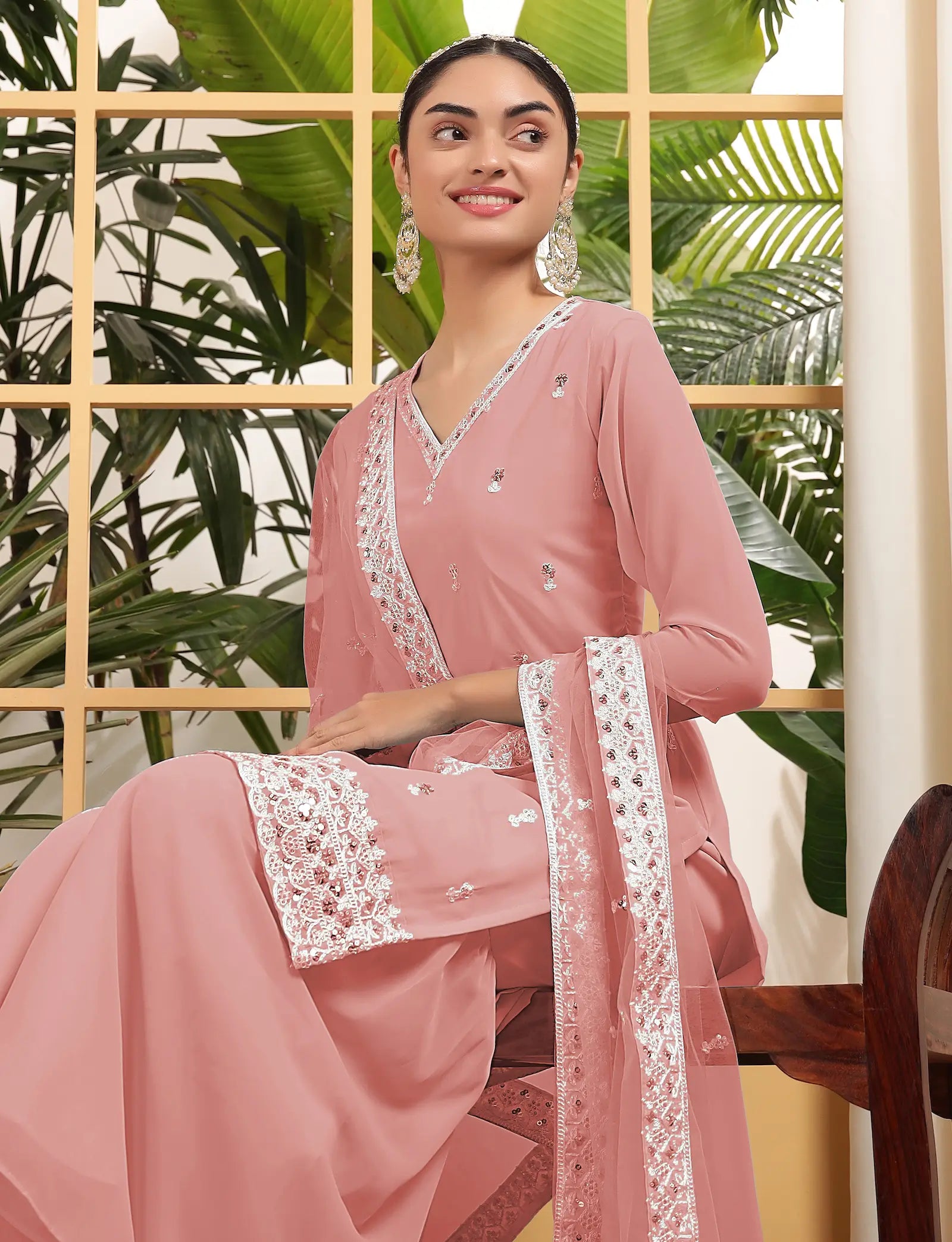 Peach Georgette Salwar Suit With Sequence Embroidery Work - qivii