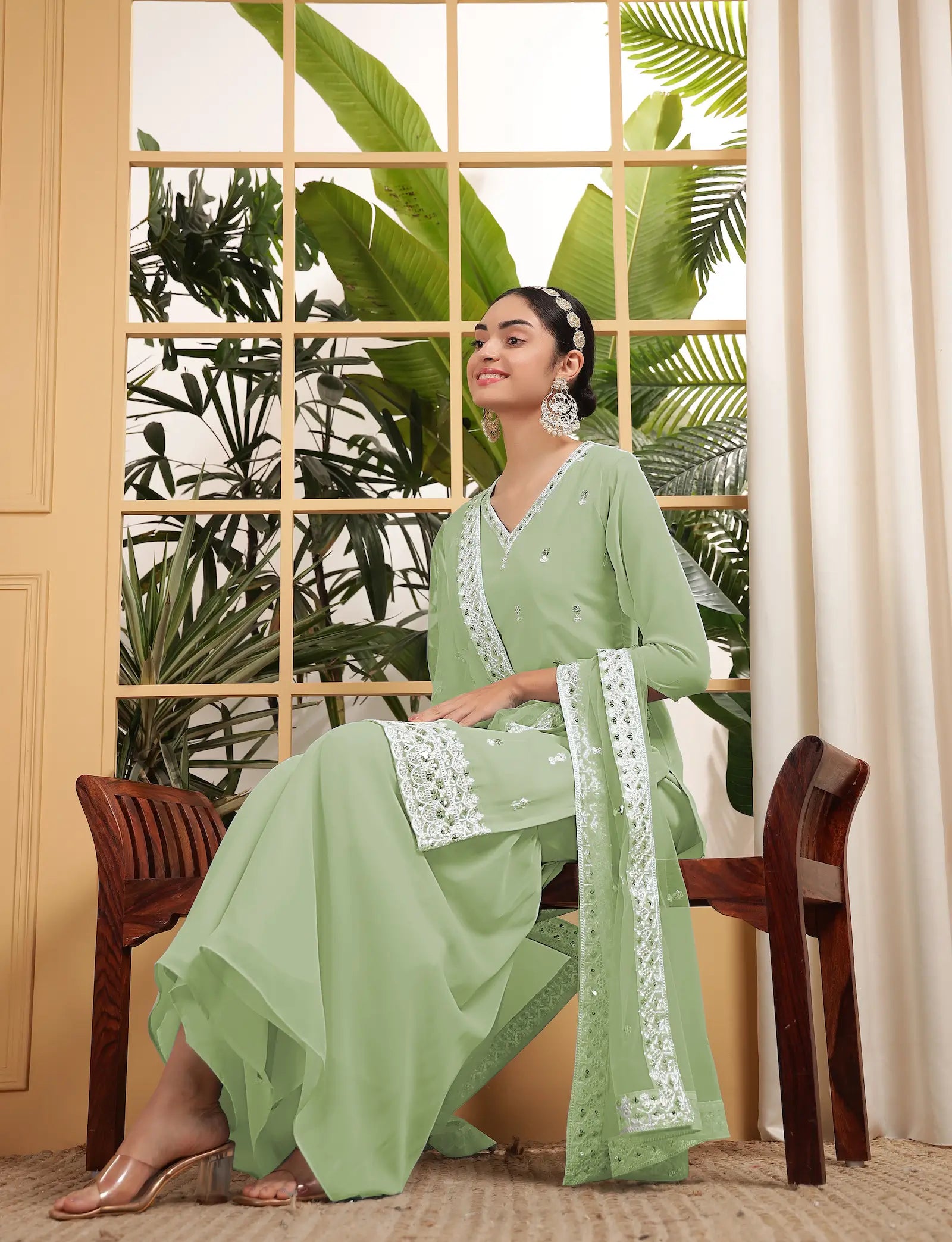 Pista Green Georgette Salwar Suit With Sequence Embroidery Work - qivii