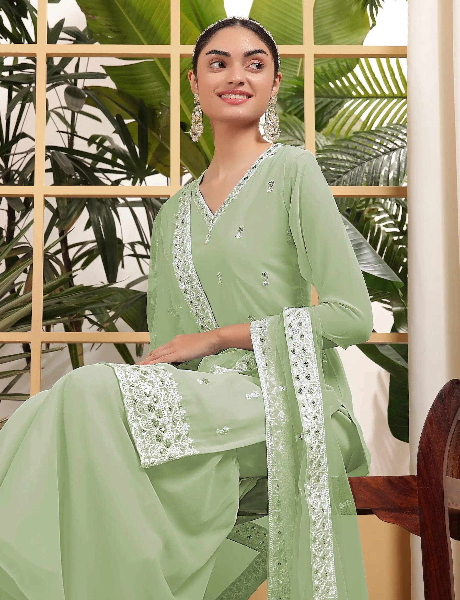 Pista Green Georgette Salwar Suit With Sequence Embroidery Work - qivii