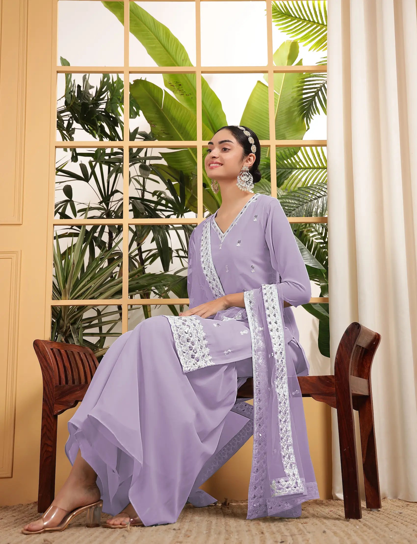 Lavender Georgette Salwar Suit With Sequence Embroidery Work - qivii