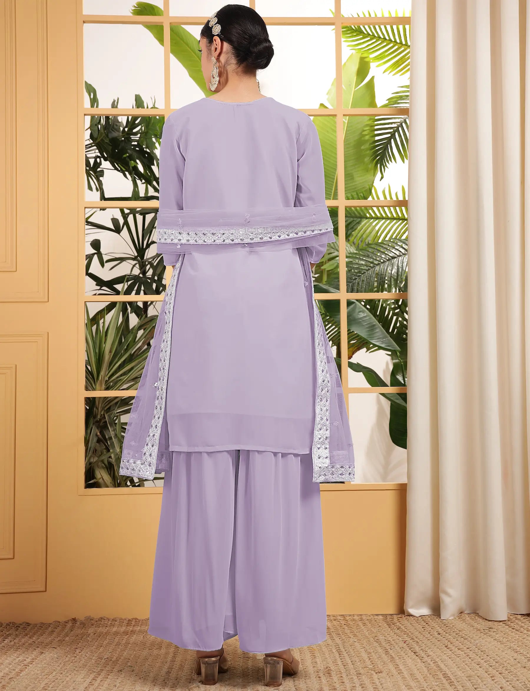 Lavender Georgette Salwar Suit With Sequence Embroidery Work - qivii