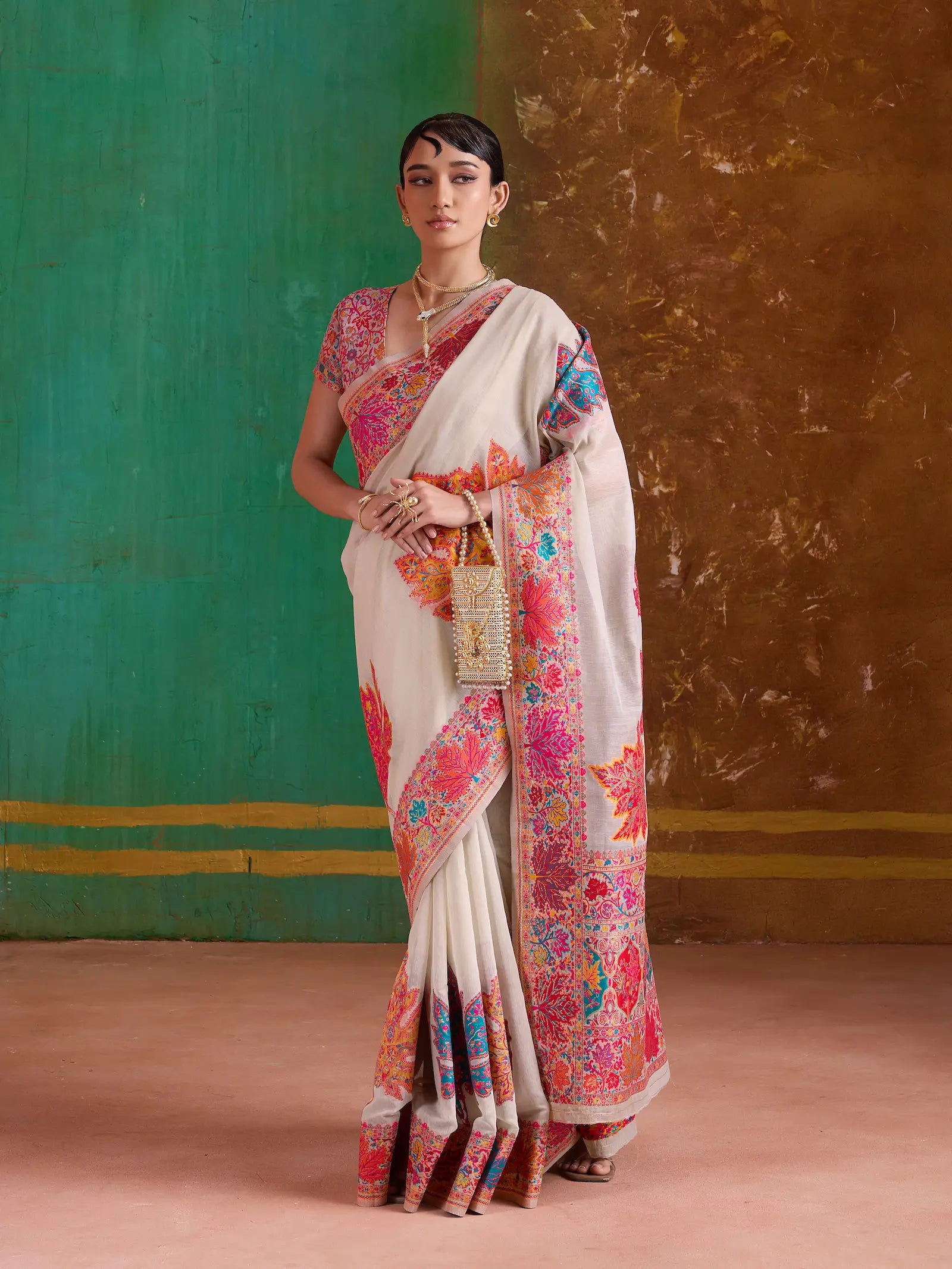 Off White Cotton Pashmina Weaving Saree