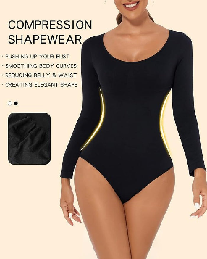 Seamless Crew Neck Long Sleeve Corset Bodysuit Tops Stretch Triangle Jumpsuit - By Qivii