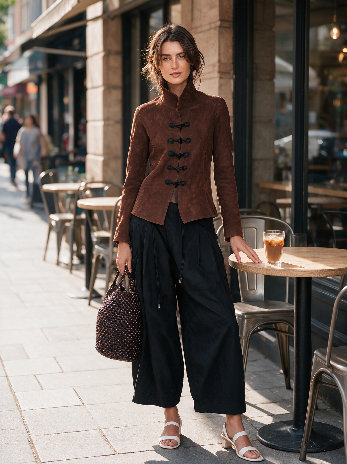 Women's Casual 2-Piece Set Brown Suede Long-sleeve Jacket And Black Woven Trousers MDZ2956G0LXY