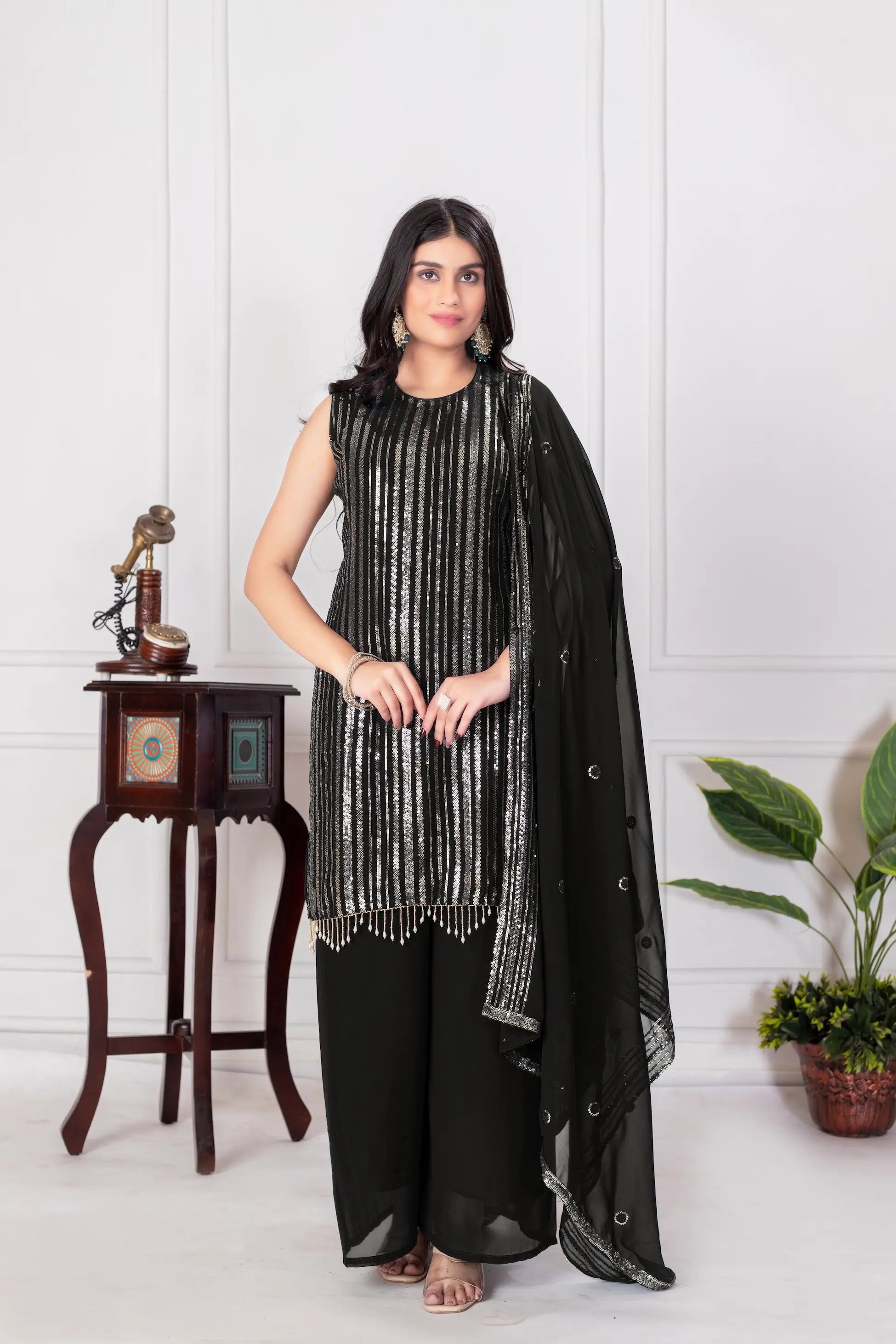 Black Georgette Sequence Embroidery Work Palazzo Salwar Suit - qivii