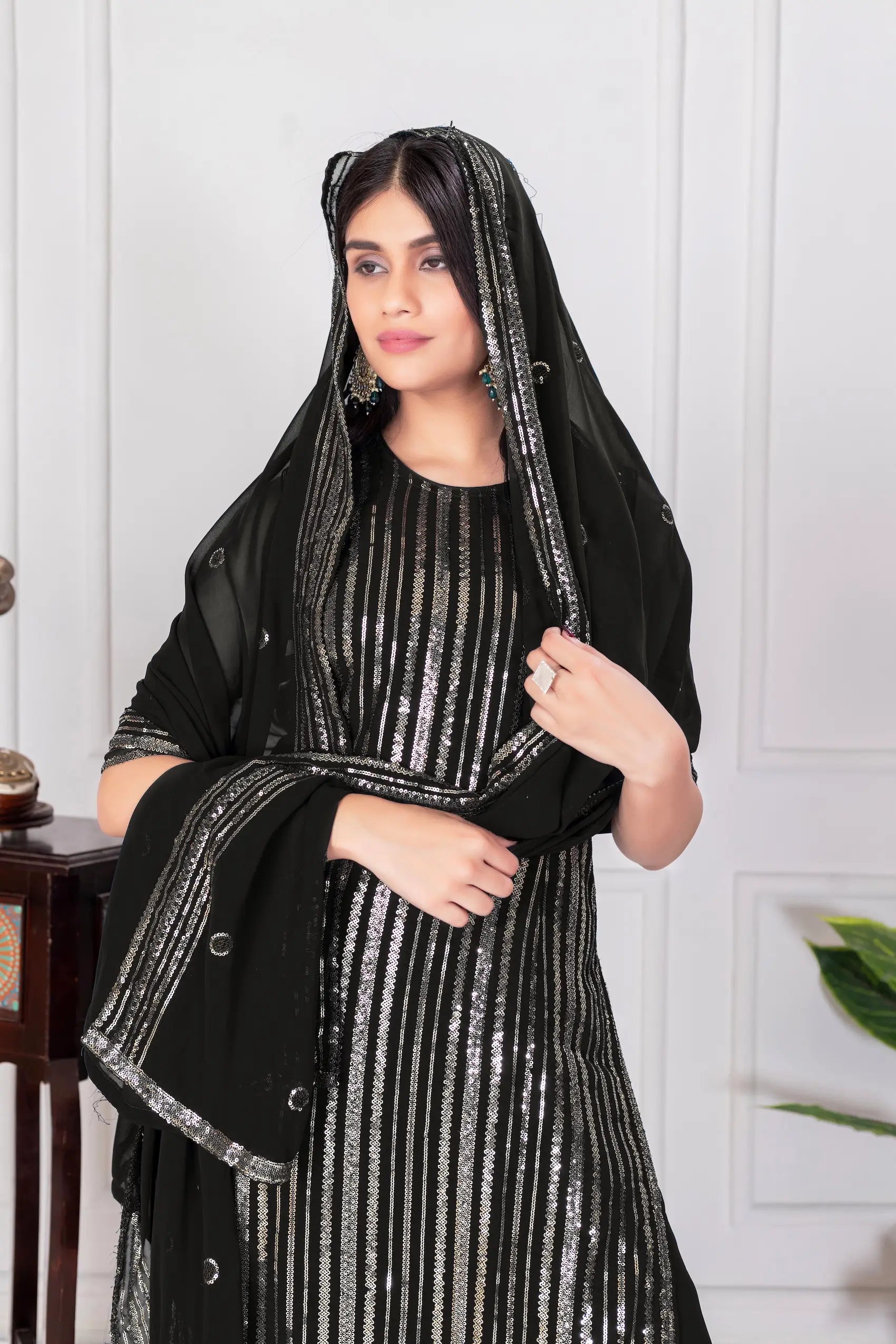 Black Georgette Sequence Embroidery Work Palazzo Salwar Suit - qivii