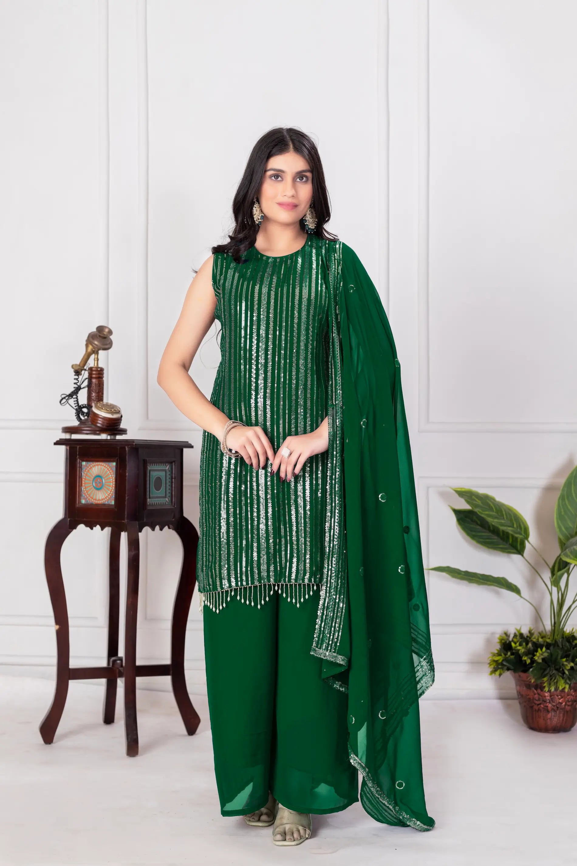 Green Georgette Sequence Embroidery Work Palazzo Salwar Suit - qivii