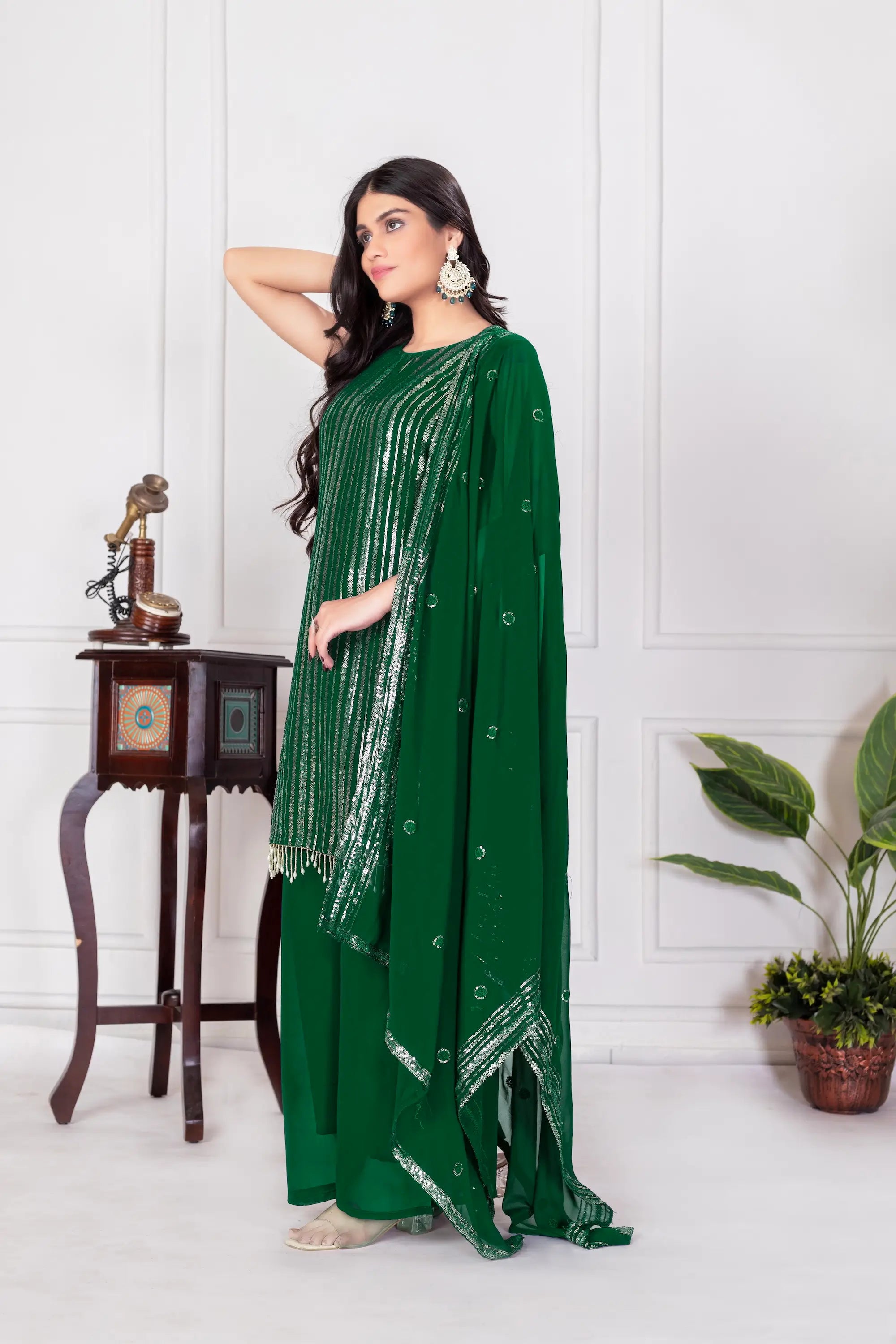 Green Georgette Sequence Embroidery Work Palazzo Salwar Suit - qivii