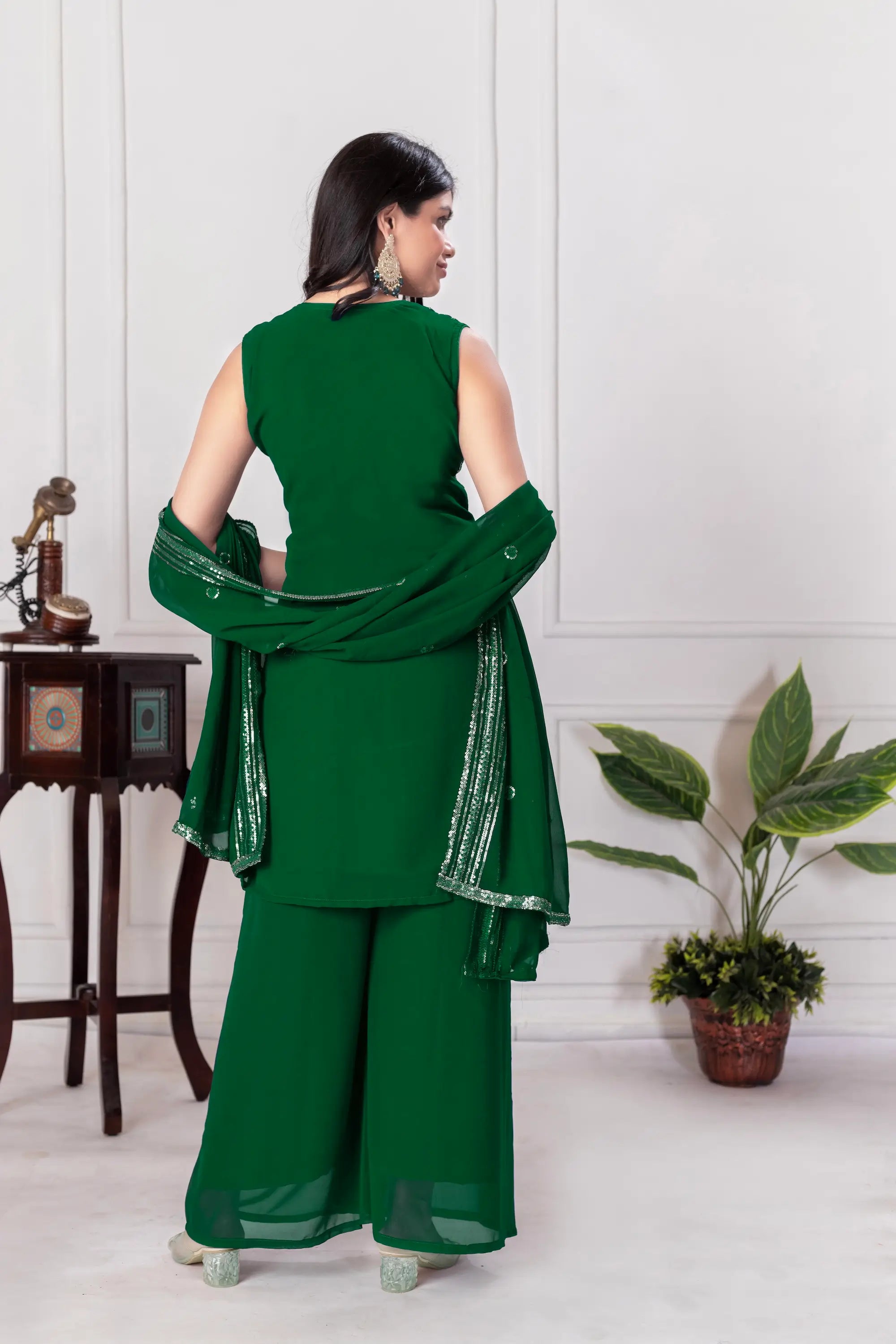 Green Georgette Sequence Embroidery Work Palazzo Salwar Suit - qivii