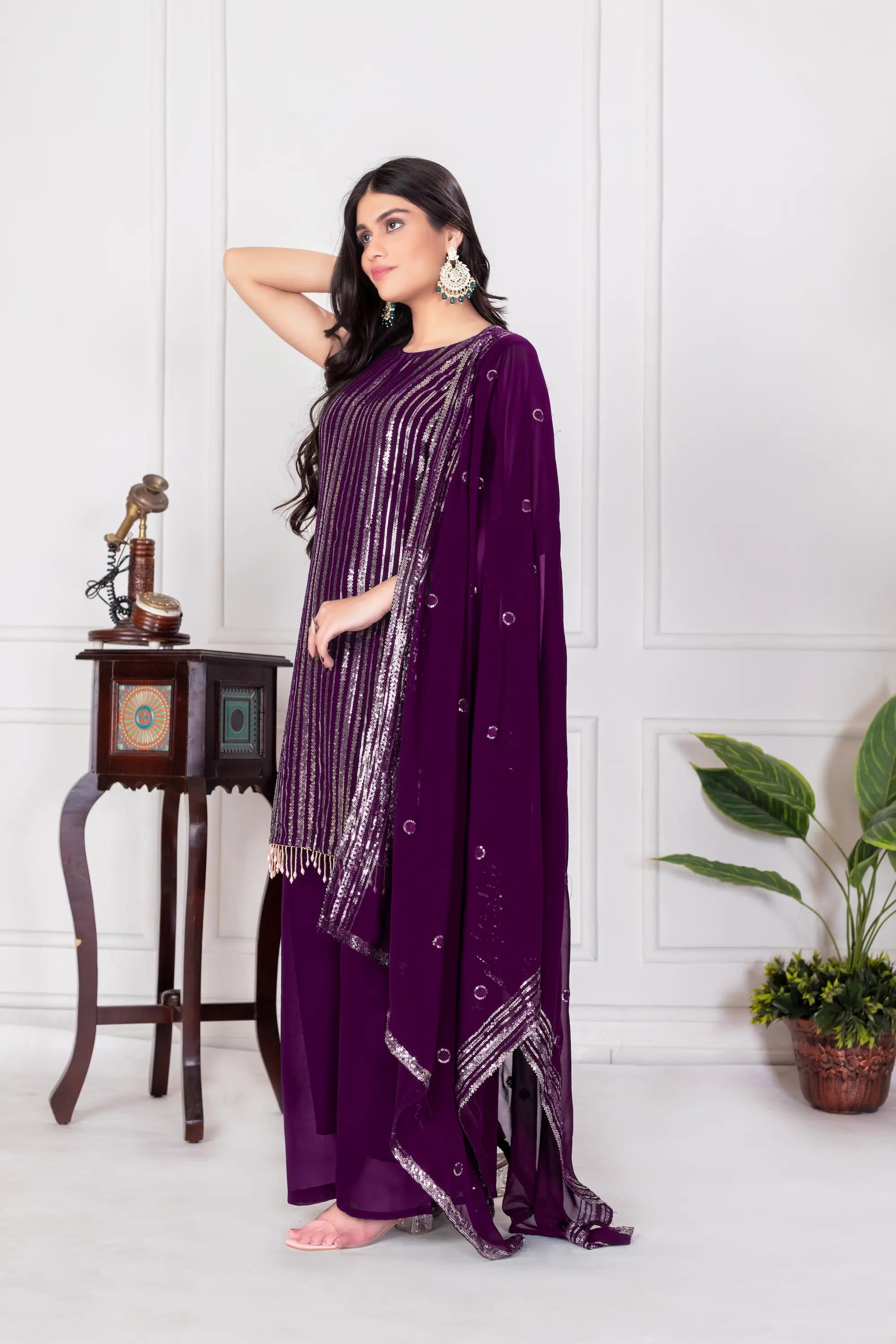 Wine Georgette Sequence Embroidery Work Palazzo Salwar Suit - qivii