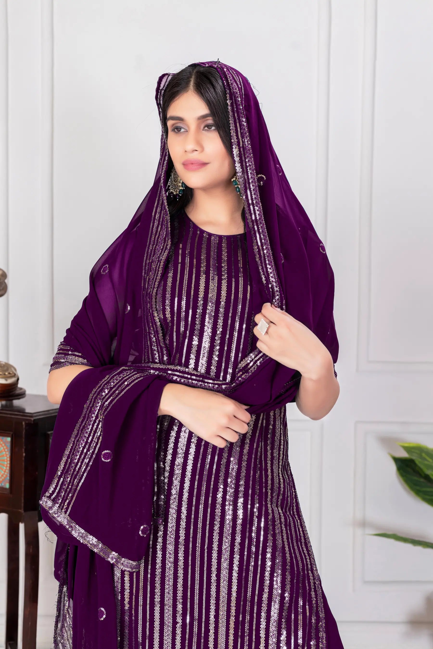 Wine Georgette Sequence Embroidery Work Palazzo Salwar Suit