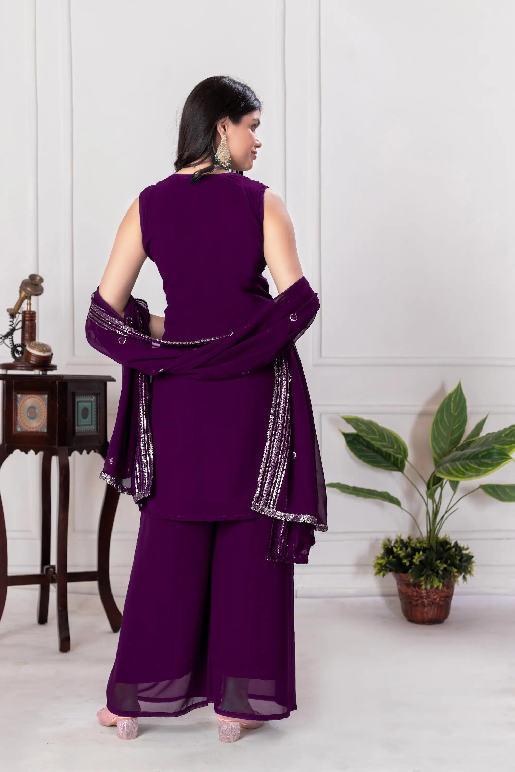 Wine Georgette Sequence Embroidery Work Palazzo Salwar Suit