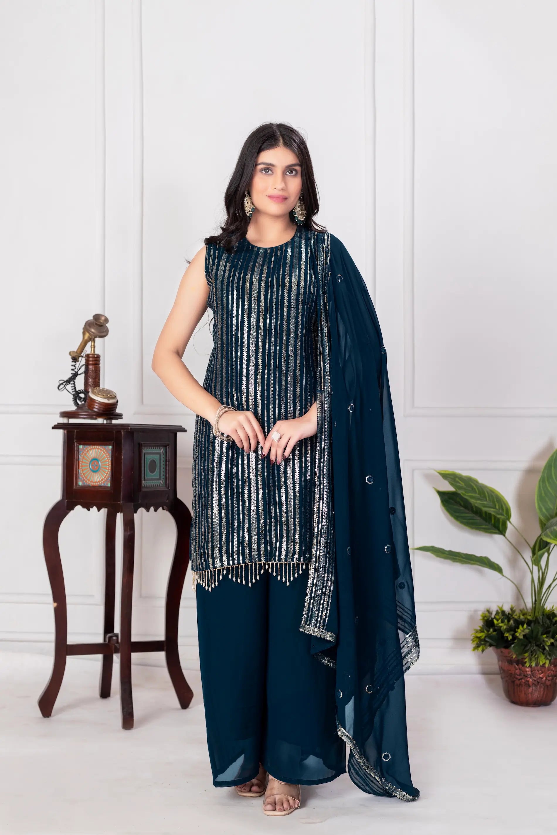 Teal Blue Georgette Sequence Embroidery Work Palazzo Salwar Suit