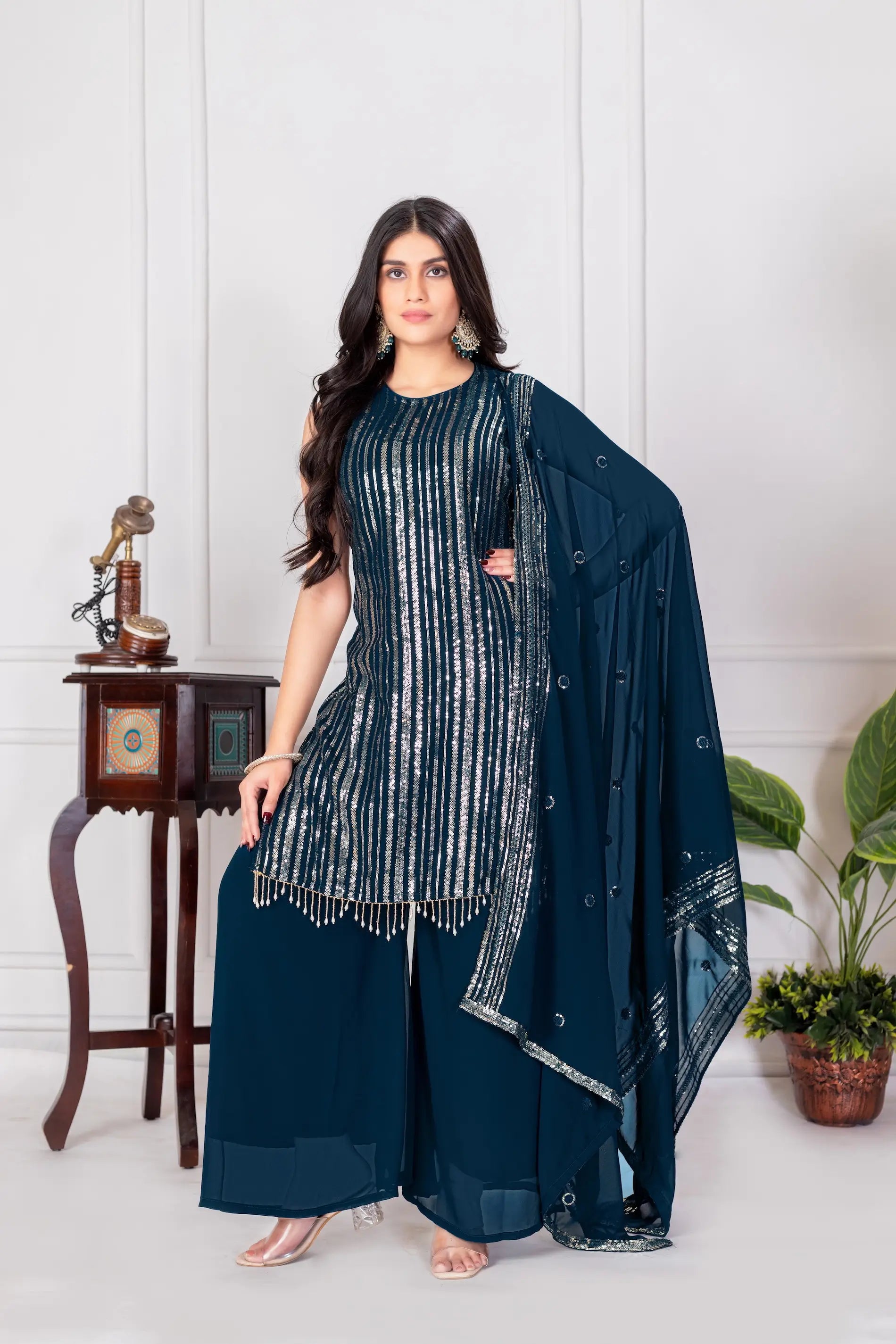 Teal Blue Georgette Sequence Embroidery Work Palazzo Salwar Suit