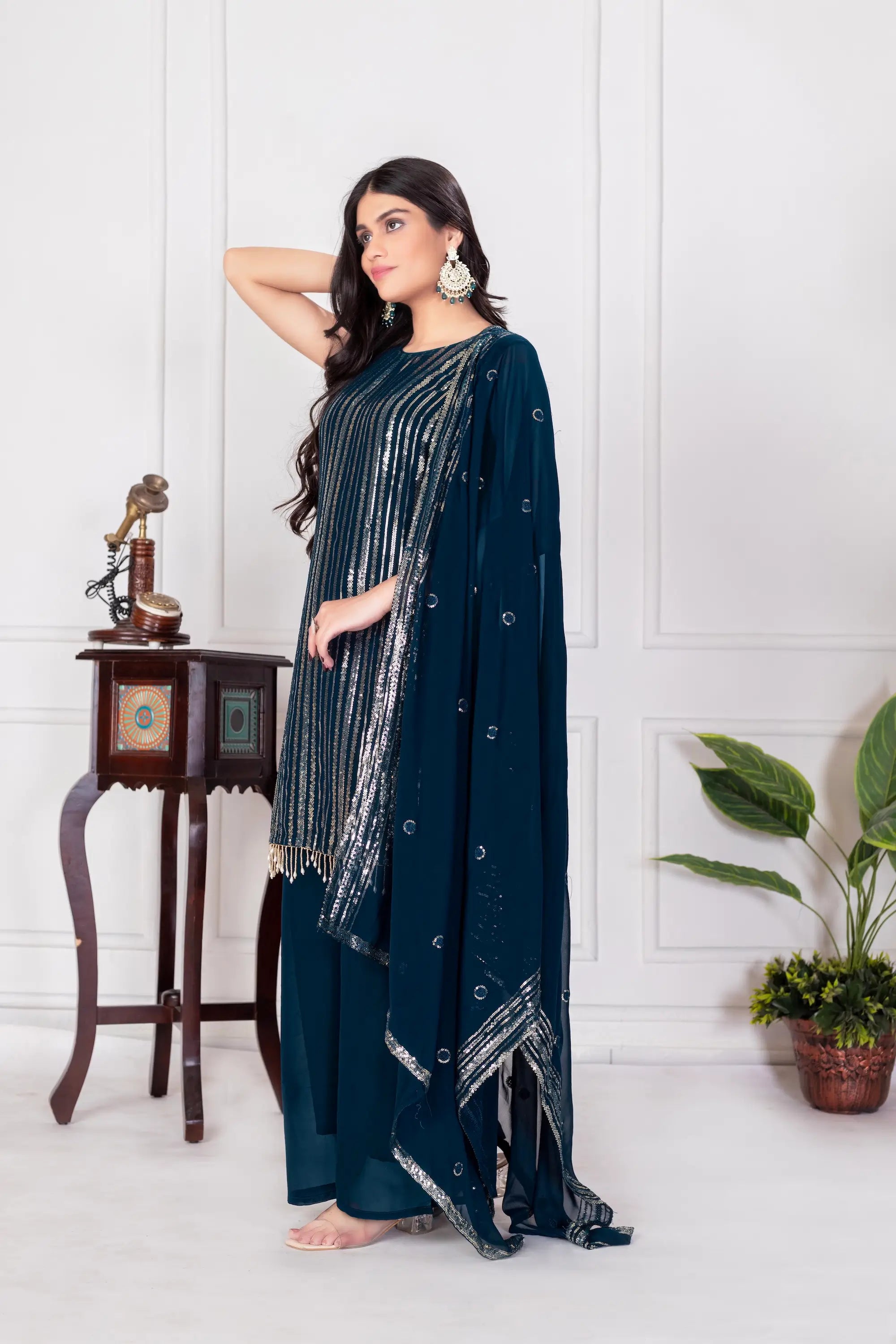 Teal Blue Georgette Sequence Embroidery Work Palazzo Salwar Suit