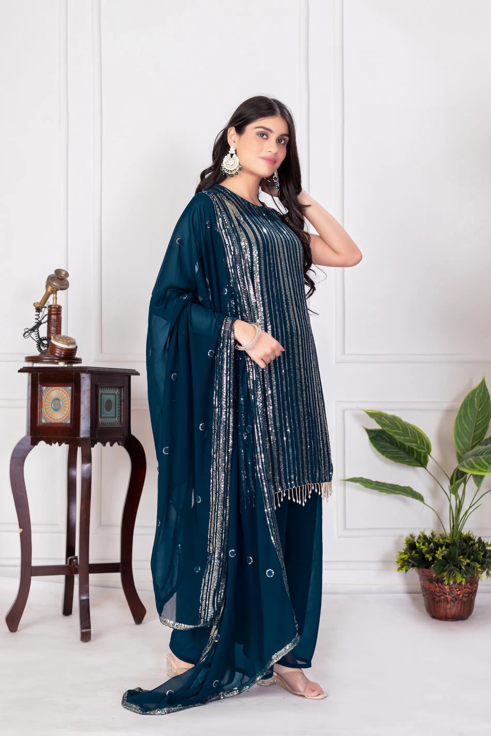 Teal Blue Georgette Sequence Embroidery Work Palazzo Salwar Suit