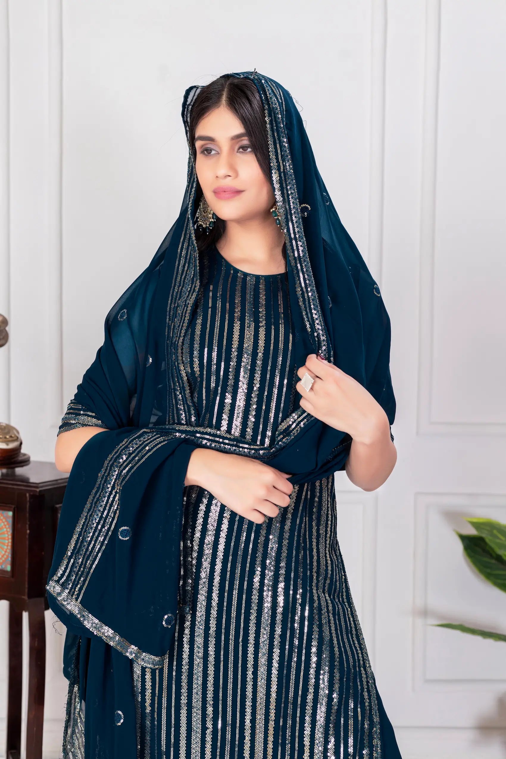 Teal Blue Georgette Sequence Embroidery Work Palazzo Salwar Suit