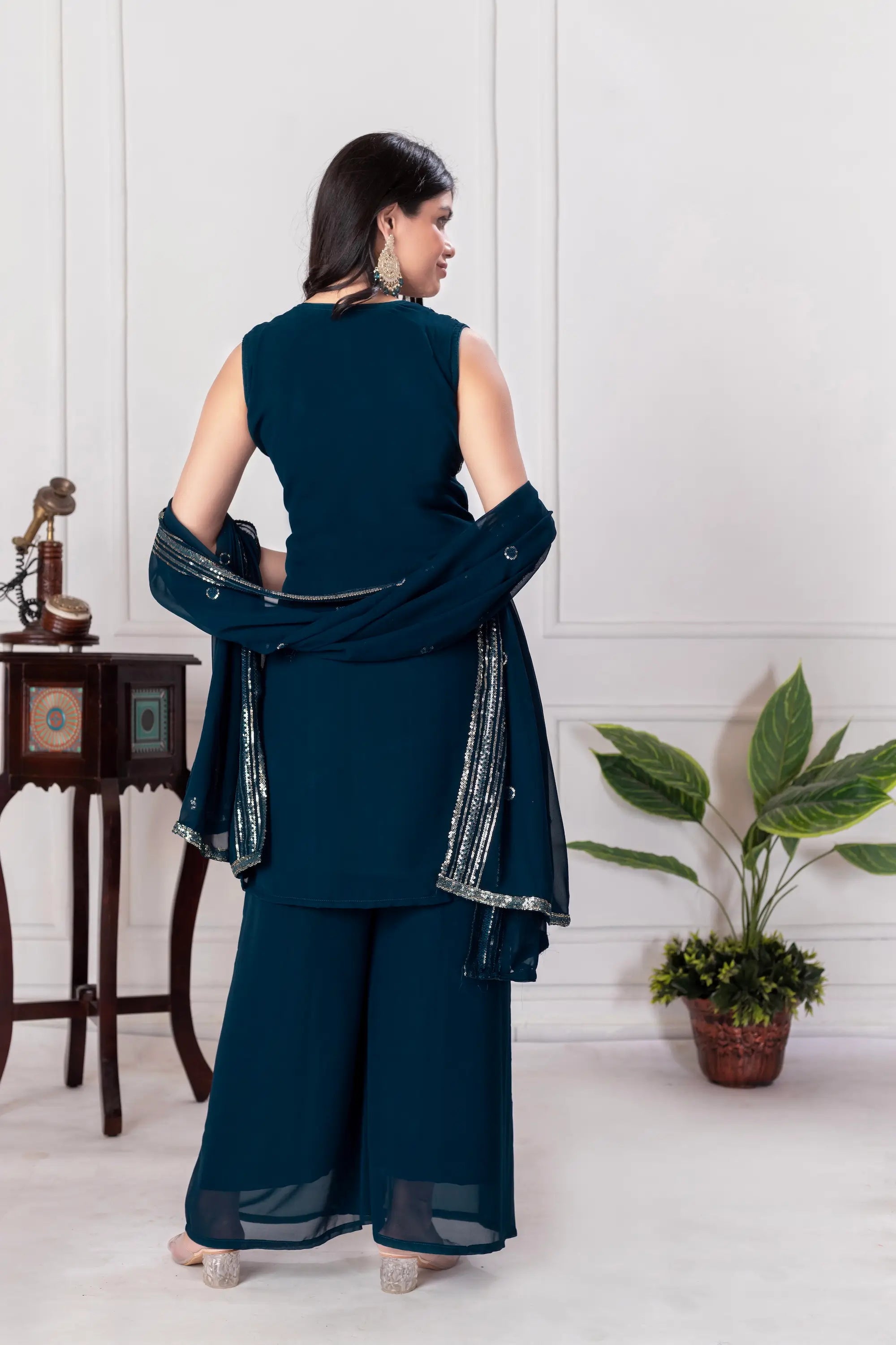 Teal Blue Georgette Sequence Embroidery Work Palazzo Salwar Suit