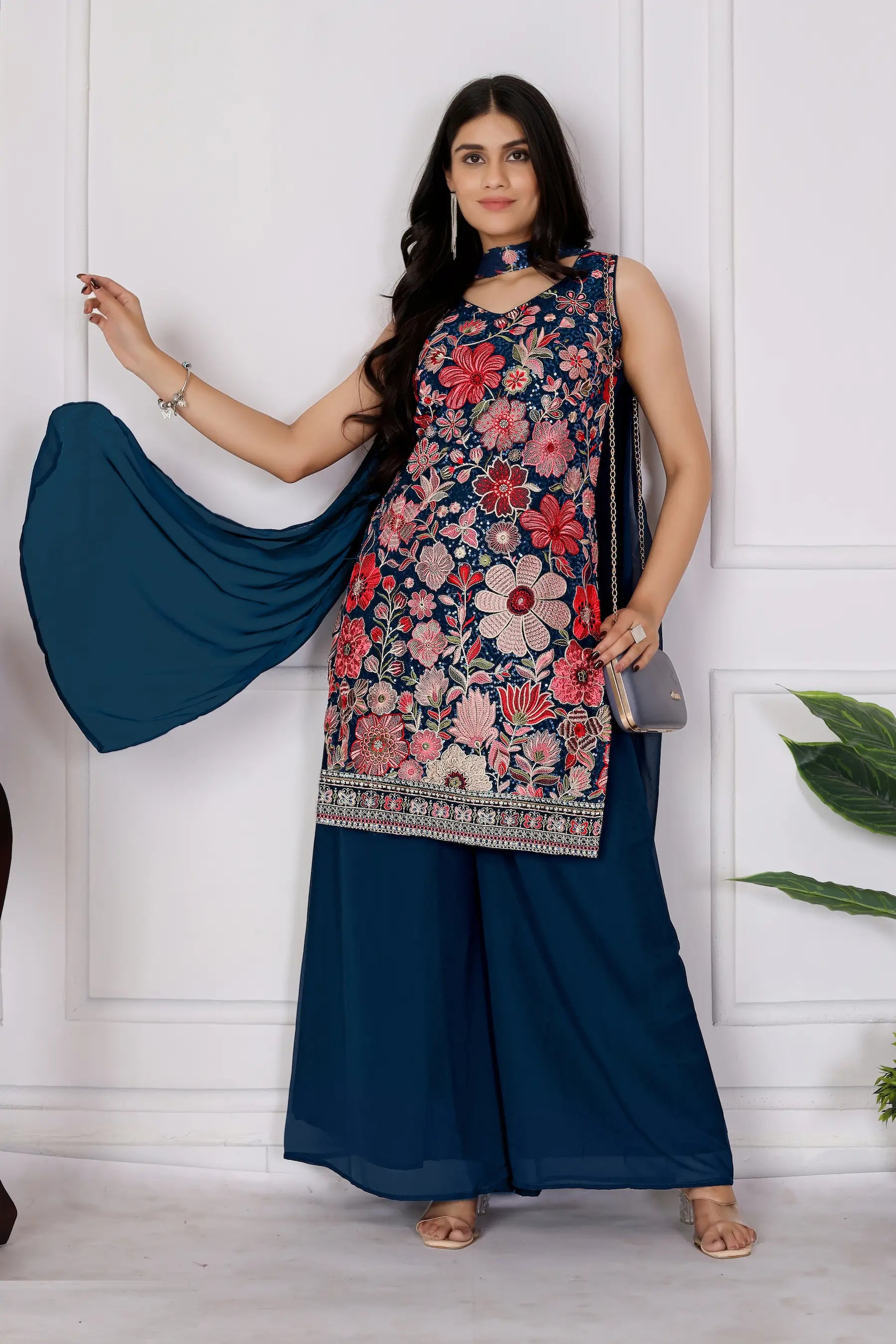 Teal Blue Georgette Palazzo Salwar Suit With Sequence Embroidery Work