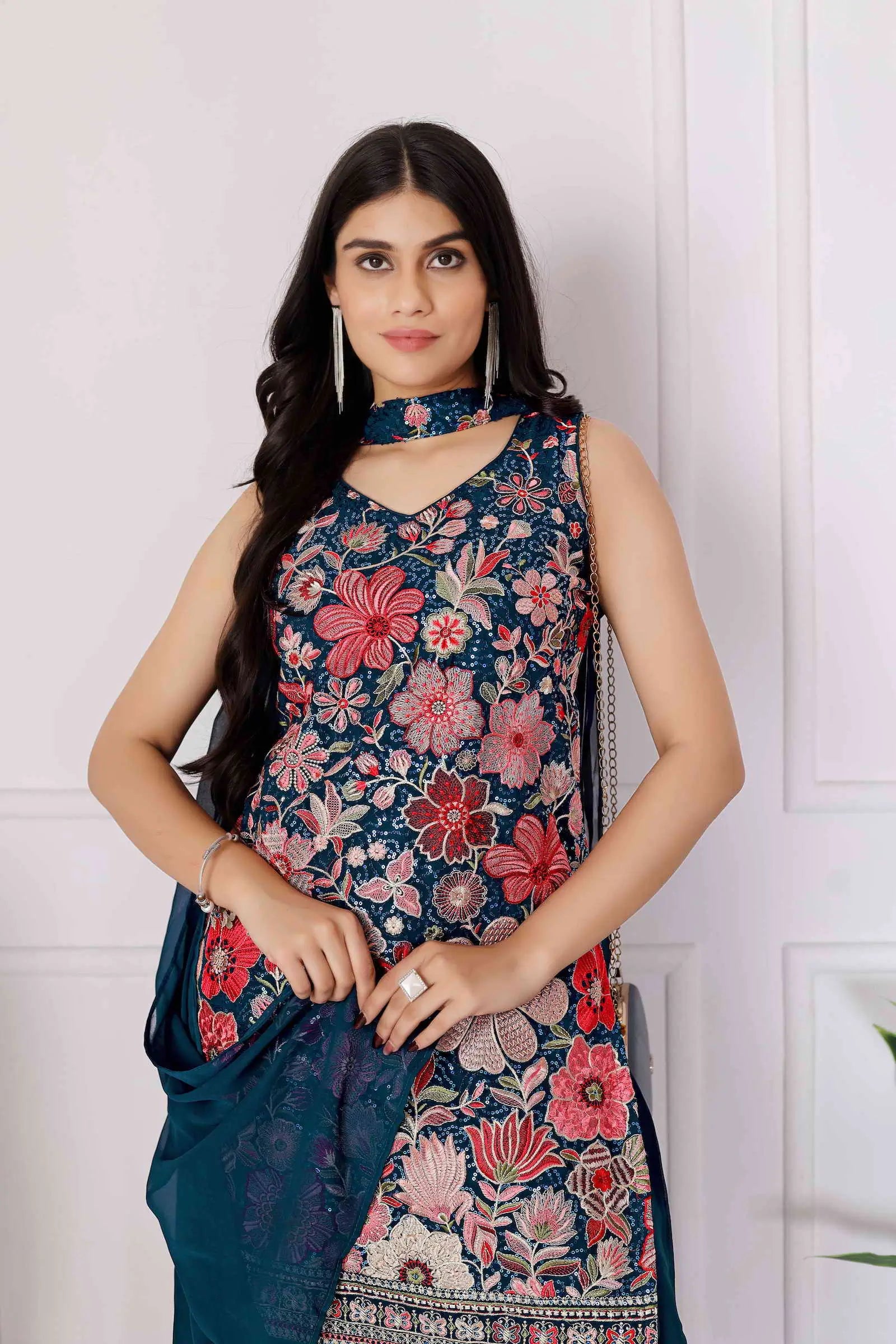 Teal Blue Georgette Palazzo Salwar Suit With Sequence Embroidery Work