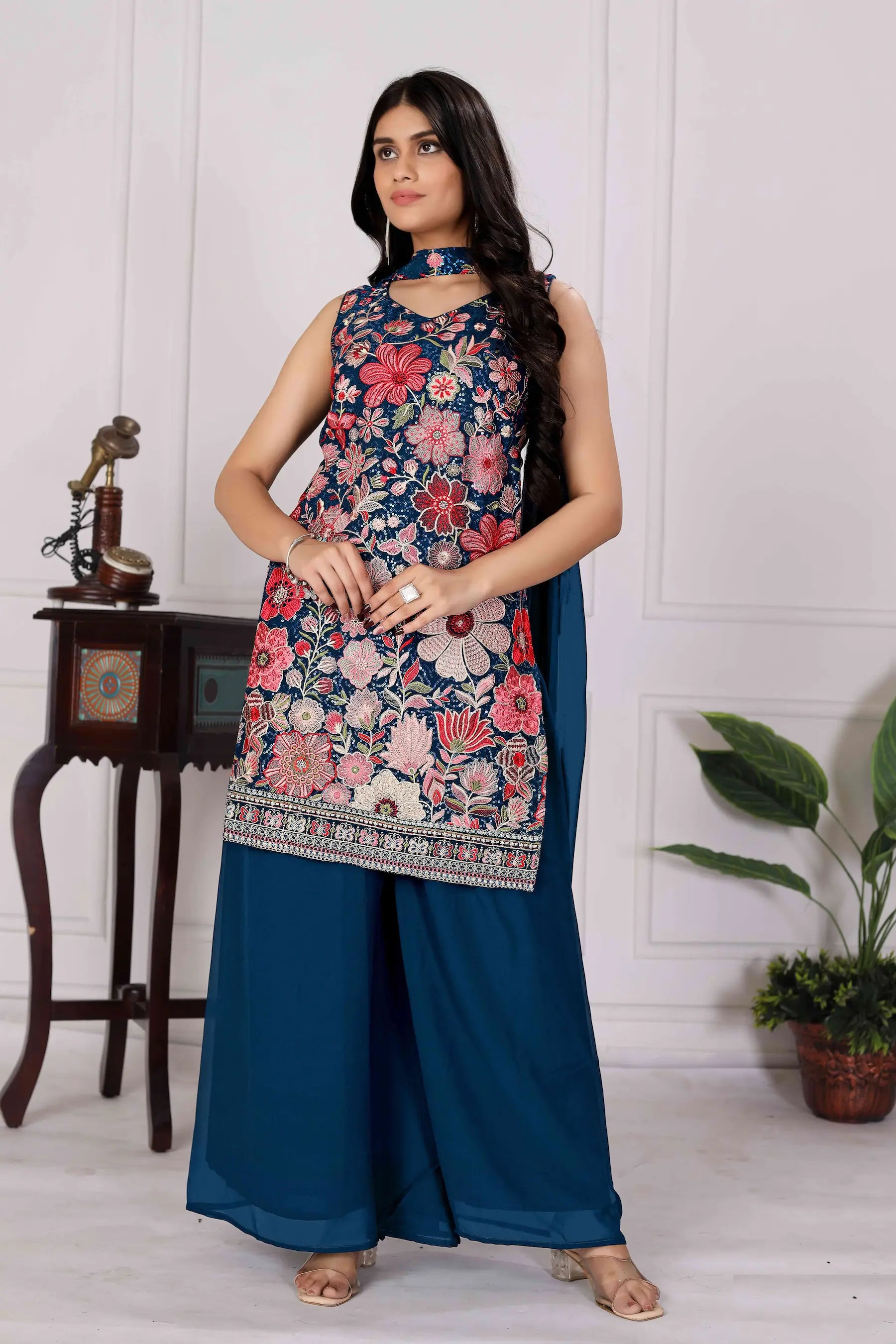 Teal Blue Georgette Palazzo Salwar Suit With Sequence Embroidery Work