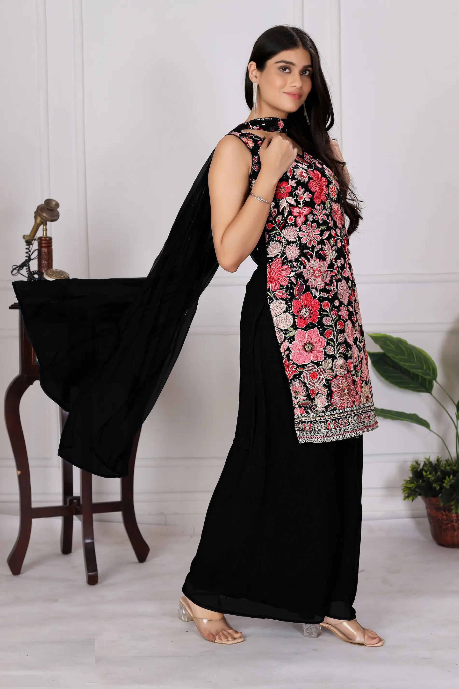 Black Georgette Palazzo Salwar Suit With Sequence Embroidery Work - qivii