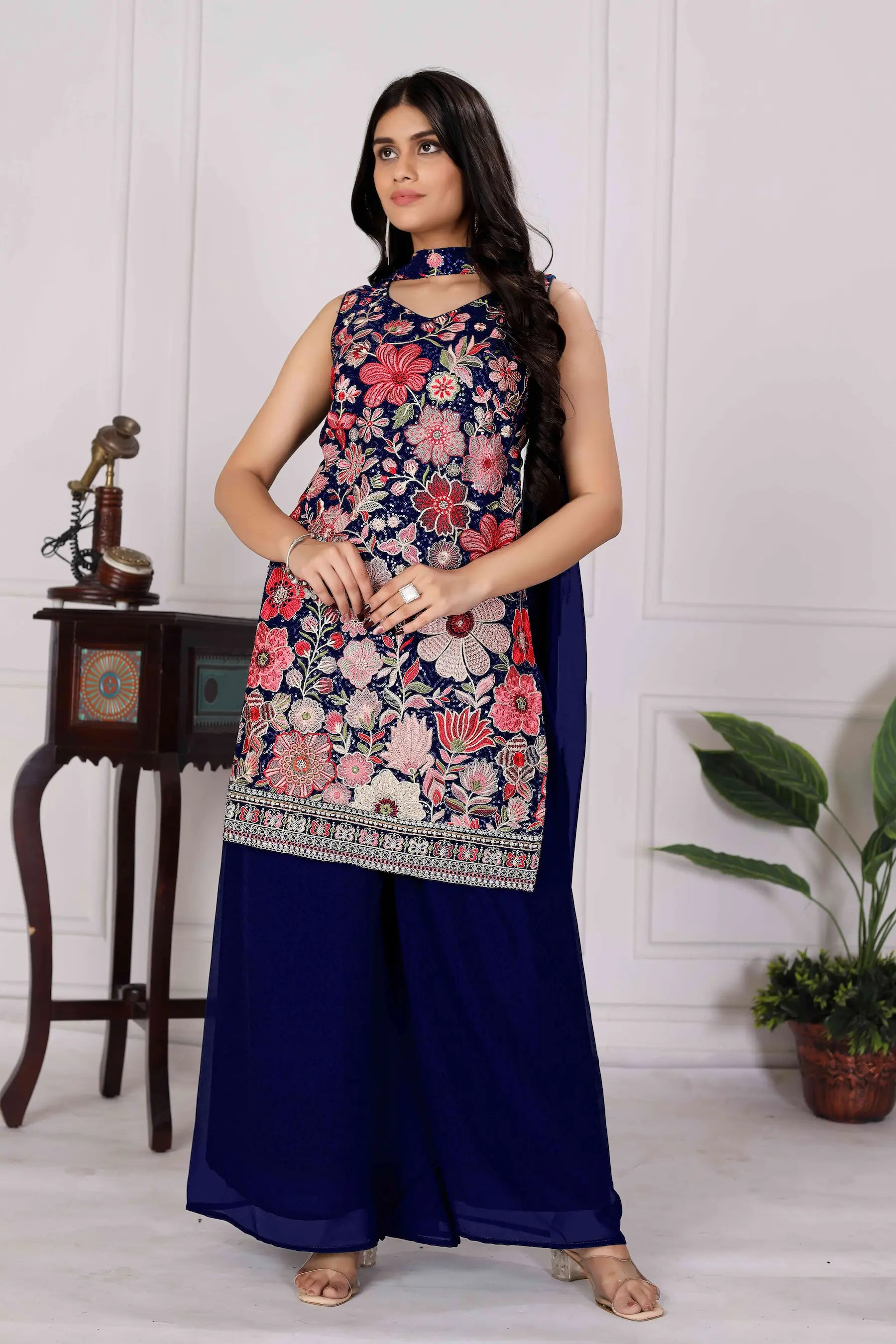 Dark Blue Georgette Palazzo Salwar Suit With Sequence Embroidery Work - qivii