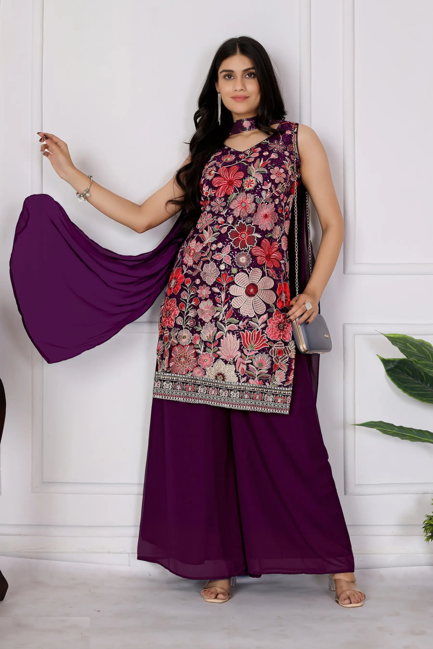 Dark Purple Georgette Palazzo Salwar Suit With Sequence Embroidery Work - qivii