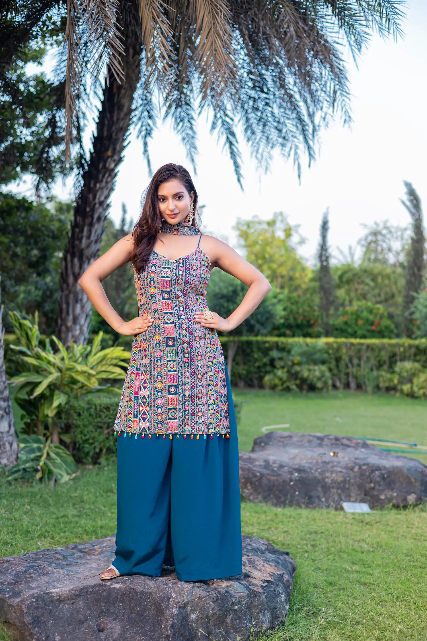 Blue Chinon Sequence Embroidery Work Palazzo Salwar Suit